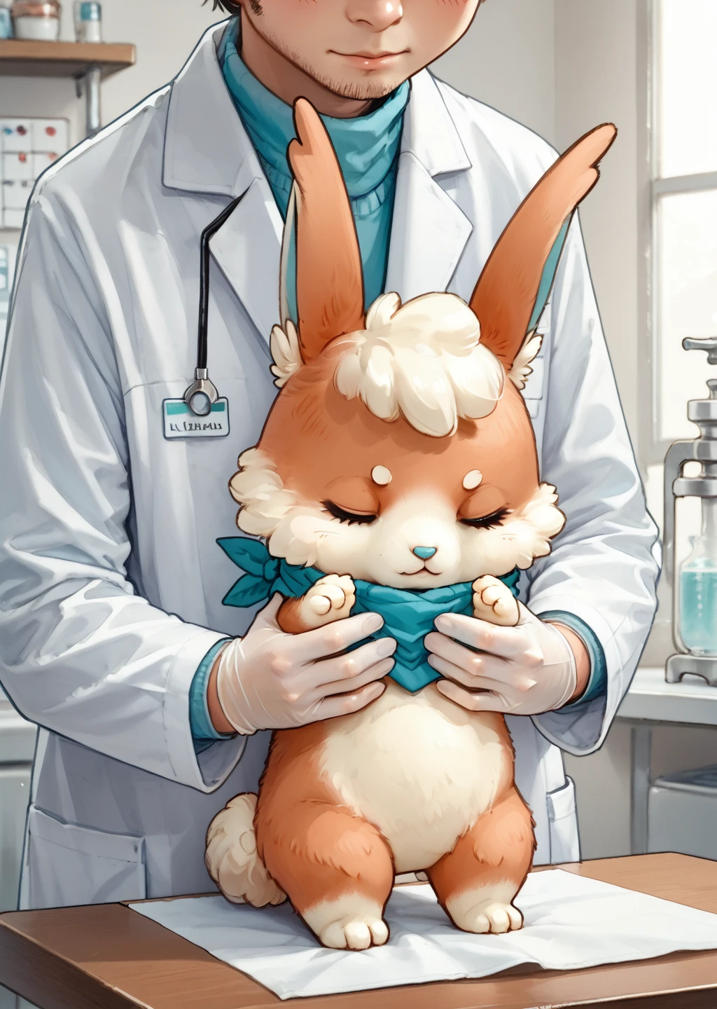 score_9, score_8_up, score_7_up, score_6_up, score_5_up, score_4_up, vetcheck, human, 1boy, veterinarian, lab coat, rubber gloves, inspection, hands, holding animal, animal focus, inspection table, cute female furry feral chibi rabbit, sitting, relaxed, closed eyes, source_furry  <lora:Toki (Kotae Expo mascot) [Pony]_epoch_11:0.8> kotaetoki, scarf, pokemon (creature) <lora:Veterinarian_inspection:0.7>