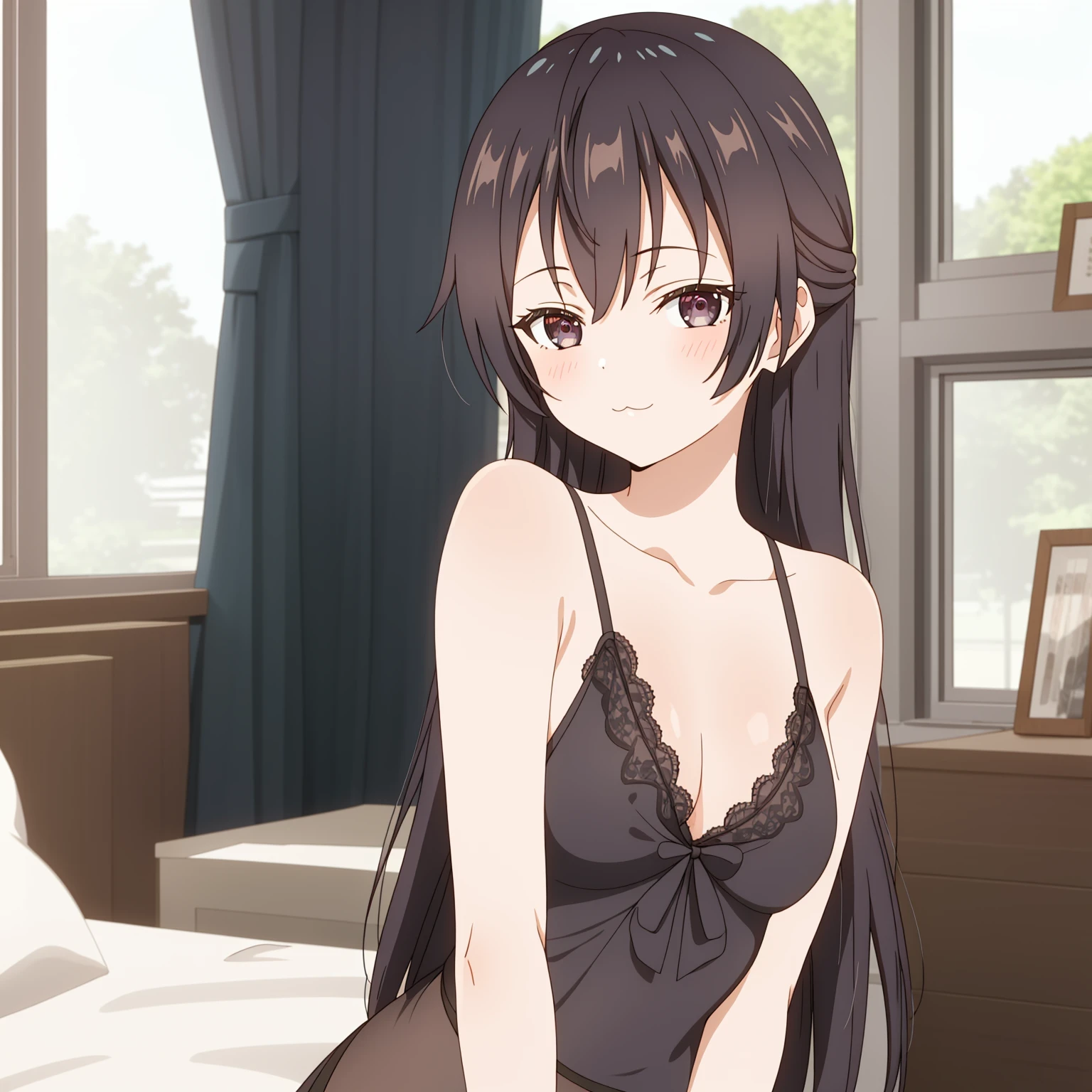 Yuki,negligee,black lace-trimmed panties,solo,looking at viewer,light blush,:3,armat side,bare arms,bedroom,upper body,