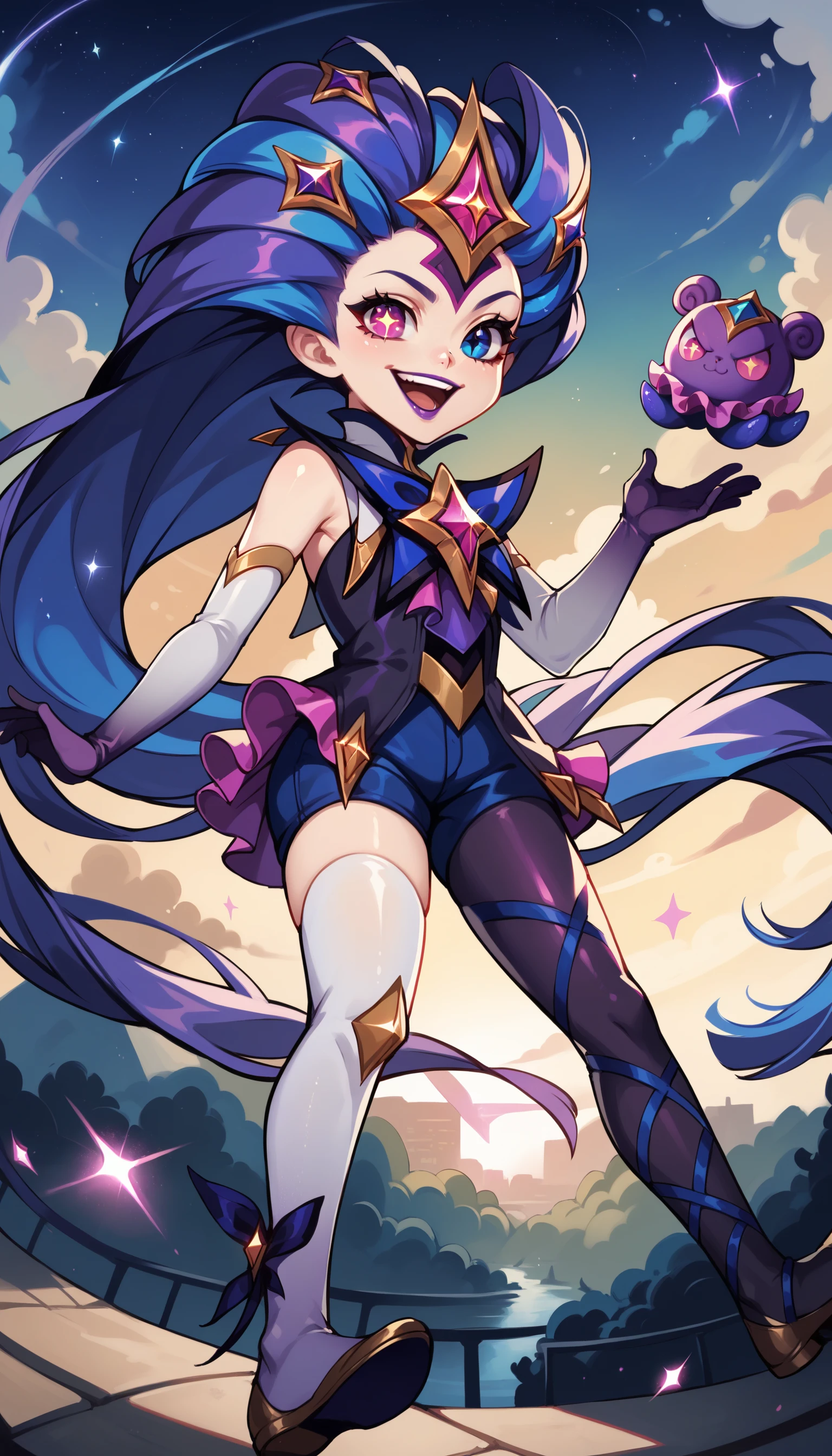 score_9, score_8_up, score_7_up, star guardian zoe, 1girl, score_9, star guardian (league of legends), bow, small breasts, heterochromia, blue eye, pink eye, star-shaped pupils, (asymmetrical legwear, mismatched legwear, single leg pantyhose, single thighhigh), multicolored long hair, purple and blue hair, hair ornament, gem, bodysuit, frills, blue shorts, gradient elbow gloves, purple lips, flat shoes,  smile, open mouth, outdoors, sky, teeth, cloud, star (sky), floating, night,