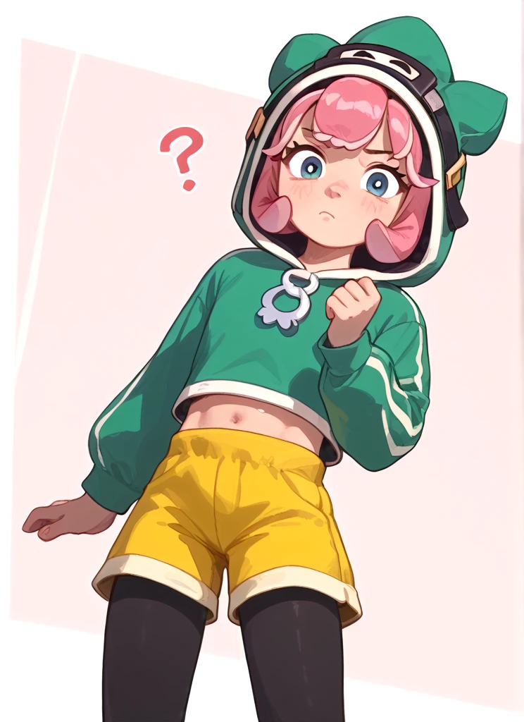 Score_9, Score_8_up, Score_7_up , perfect face ,<lora:tcbonnie:1>  tcbonnie    , 1girl, pink hair, hood , green hoodie, yellow shorts ,black leggings  , confused, looking at viewer,   <lora:PossumMachine:0.9>posmach