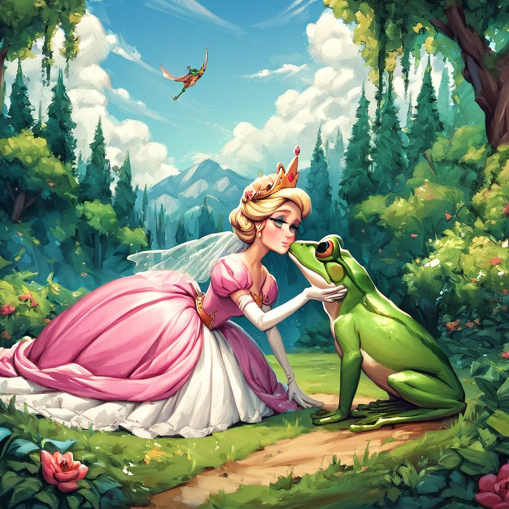 score_9_up,score_8_up,score_7_up,score_6_up, score_5_up, frog, kiss, princess dress, princess hat, fairytale setting, outdoors, digital painting