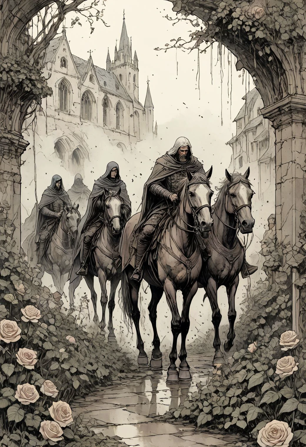 comics, emerging old and tired medieval warriors entering The forgotten garden in 'Melancholy Mists', enveloped by gentle, melancholic layers of magical particles fog, evoking the introspective beauty of memories past in the delicate unfurling rose tendrils, intricate ruined background and old horse, decay,  sketch, limited palette, establishing shot, 8K, colored ink pencils, heavy crosshatching <lora:_CHY_Patouille:-2>