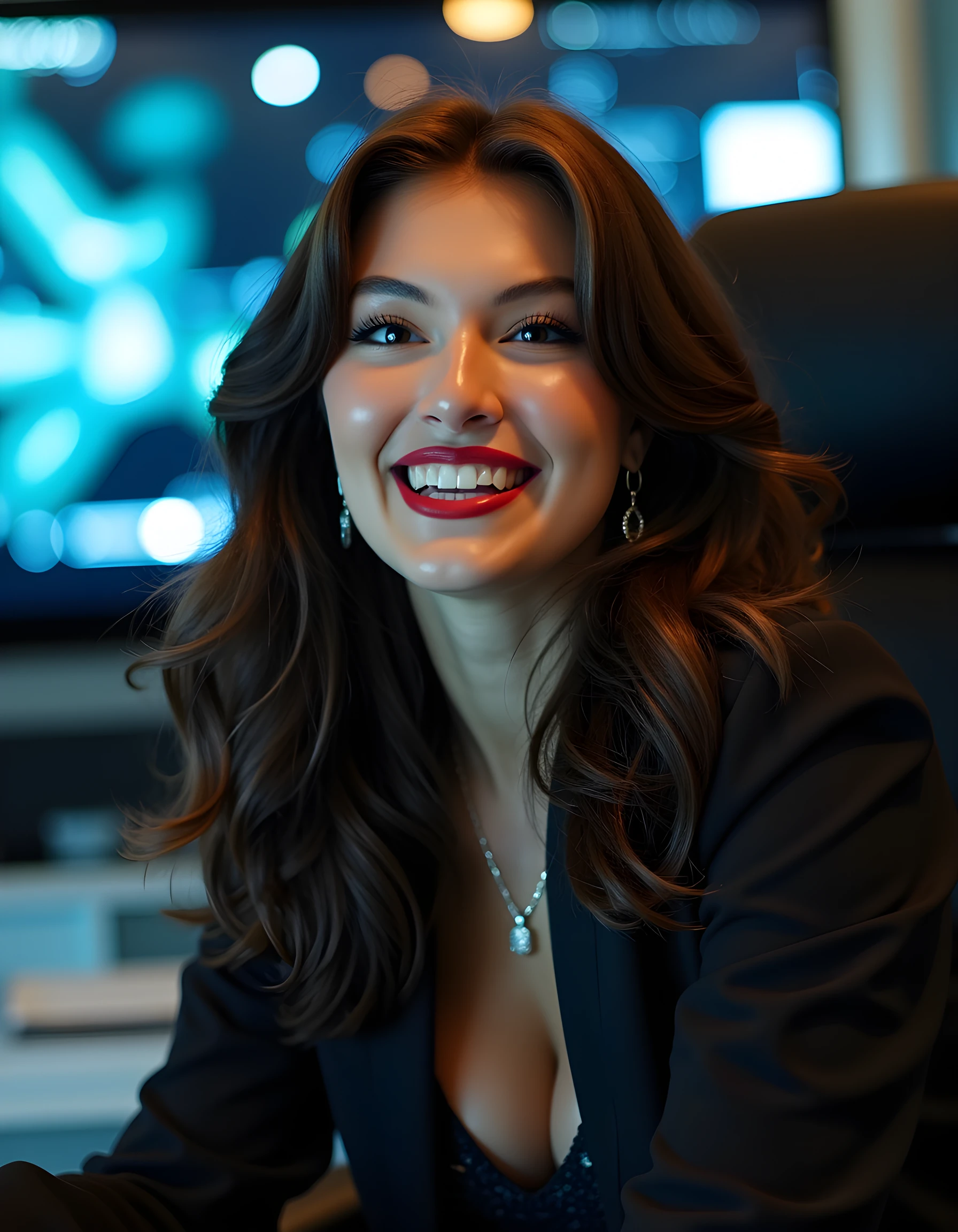 In a dimly lit, high-tech office, a woman named R4CH3LP is captured in a striking close-up shot. Her long, dark brown hair cascades around her shoulders, framing her expressive face adorned with a vibrant red lipstick that accentuates her full lips. Her teeth gleam as she flashes a confident smile, revealing sparkling diamond studs in her ears and a delicate pendant necklace that catches the soft, blue ambient light emanating from a holographic display behind her. The camera angle is slightly above, emphasizing the woman's poise and self-assuredness as she leans back in an elegant leather swivel chair, the subtle reflections of neon lights dancing across her polished business attire, hinting at the power and sophistication that defines this powerful executive in the heart of a bustling cityscape.