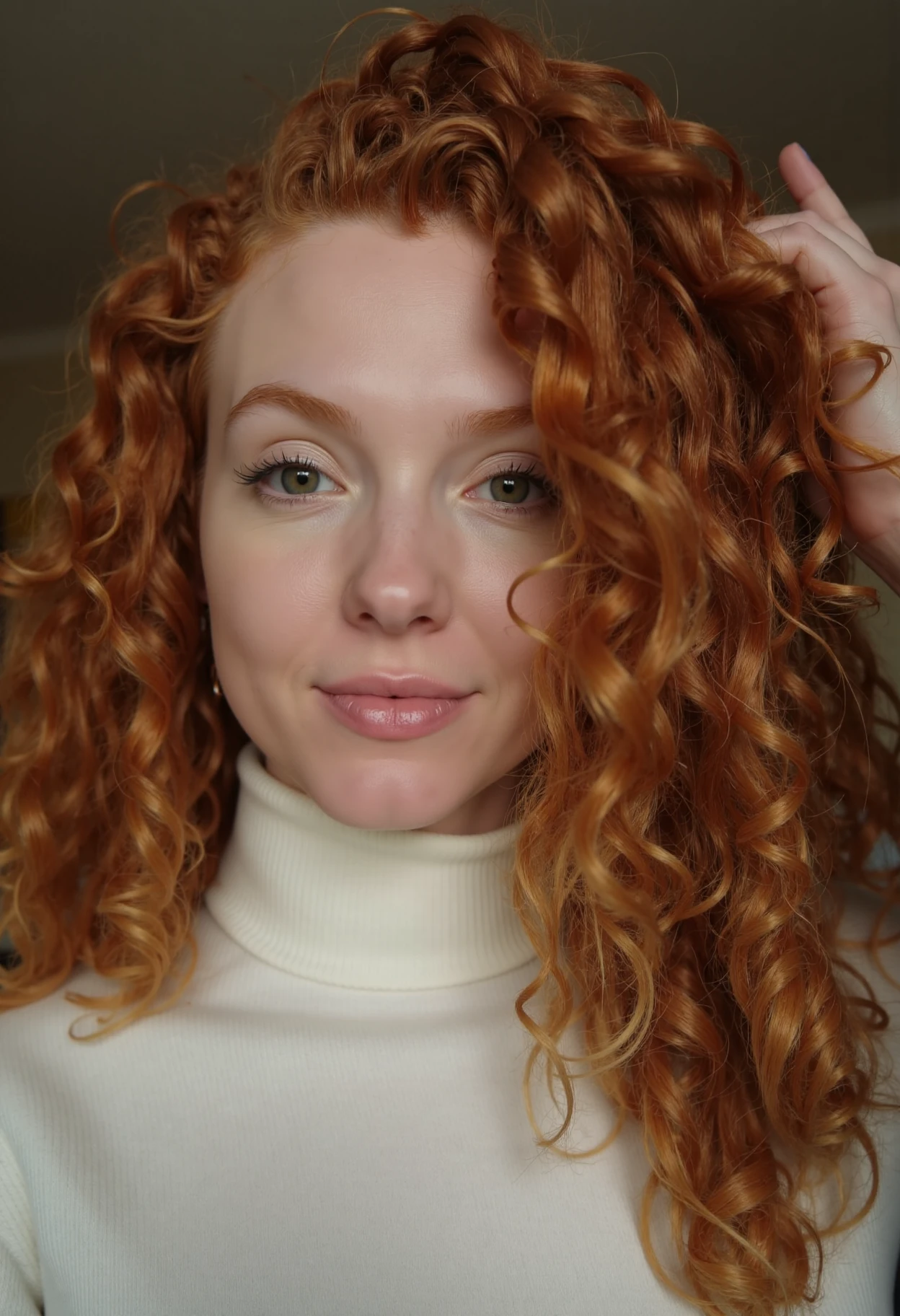 candid close-up photo of a beautiful woman wearing a turtleneck sweater looking at the viewer. she has curly ginger hair and is serious, sharp focus, bokeh <lora:Person_BikiniIfrit-FLUX:1>