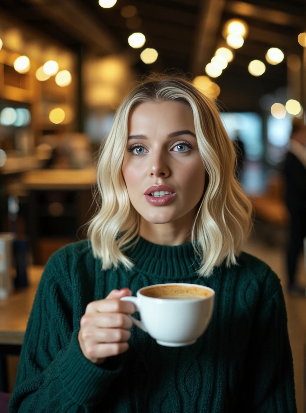 A professional photograph of a young woman Helen_Flanagan wearing a dark green cableknit sweater in a cafe, holding a latte, blonde hair, detailed skin, bokeh, female focus, SFW <lora:Helen_Flanagan:1>