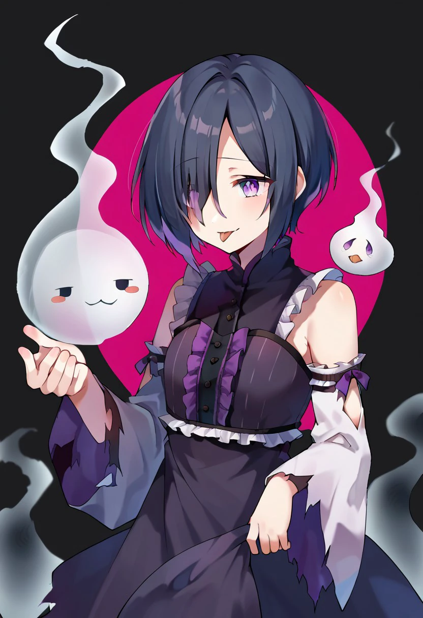 score_9, score_8, score_7, source_anime, ghost girl, torn dress, detached sleeves, hair over one eye, black hair, frills, purple eyes, tongue, tongue out, holding another's hand, ghost tail