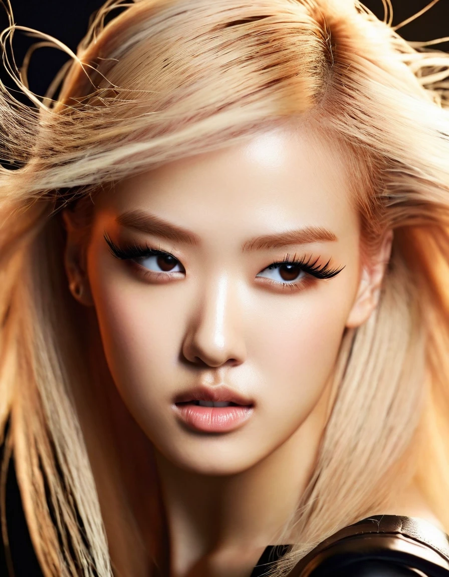 ros3blackpink, cinematic still Create a high-resolution, hyper-realistic close-up portrait of a model with an artistic, bold expression that exudes confidence and depth. She has a fierce, intense gaze with a slight smirk or a strong, piercing look that conveys strength and allure. Her makeup is glamorous yet refined, with dramatic, smoky eyes, bold lashes, that adds to the intensity. Her blonde hair is styled with an artistic flair adding a sense of drama. The background is rich and textured or with a subtle abstract design, to amplify the boldness of the image. The lighting is dramatic, with high contrast to sculpt her features and enhance the intensity of her expression, giving an overall artistic and editorial feel