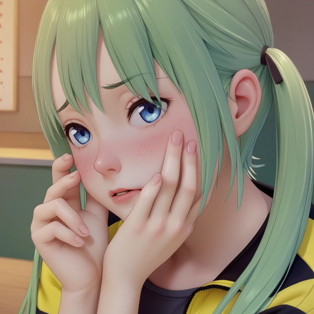 black and yellow jacket, blush, close-up, from side, hand touching cheek, io, looking at viewer, nervous, photo, sitting, tilt-shifted, twintails, blue eyes, realistic, green hair