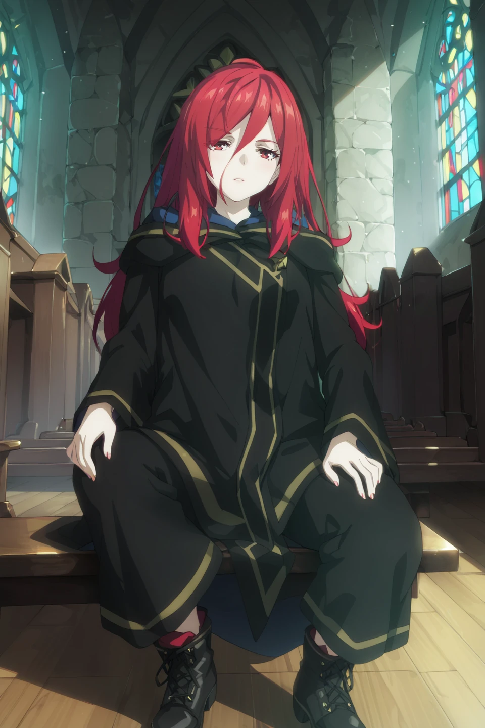 church, interior <lora:black_sophia:1> black_sophia, solo, red_hair, robe, hood,  red_eyes, long_sleeves, hooded_robe, black_leggings, boots, Score 9, Score 8, Score 7,