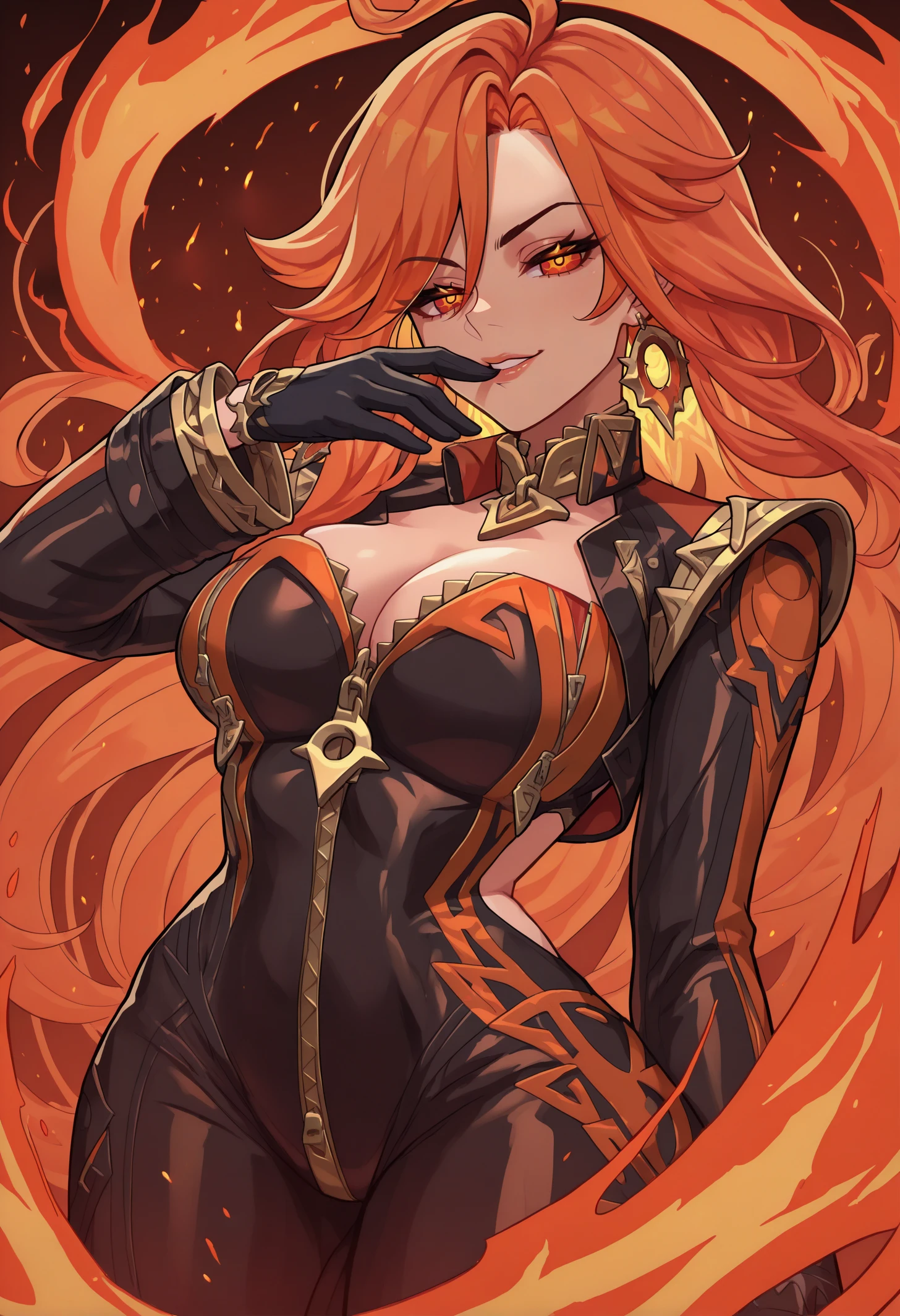 masterpiece, best quality, Mavuika, orange hair, symbol-shaped pupils, red eyes, large breasts, long hair, ahoge, jewelry, earrings, choker, zipper, bodysuit, clothing cutout, cleavage, black gloves, long sleeves, <lora:Mavuika_illusXL_Incrs_v1.1-000011:1>, fire, dynamic pose, foreshortening, seductive smile, kiss,