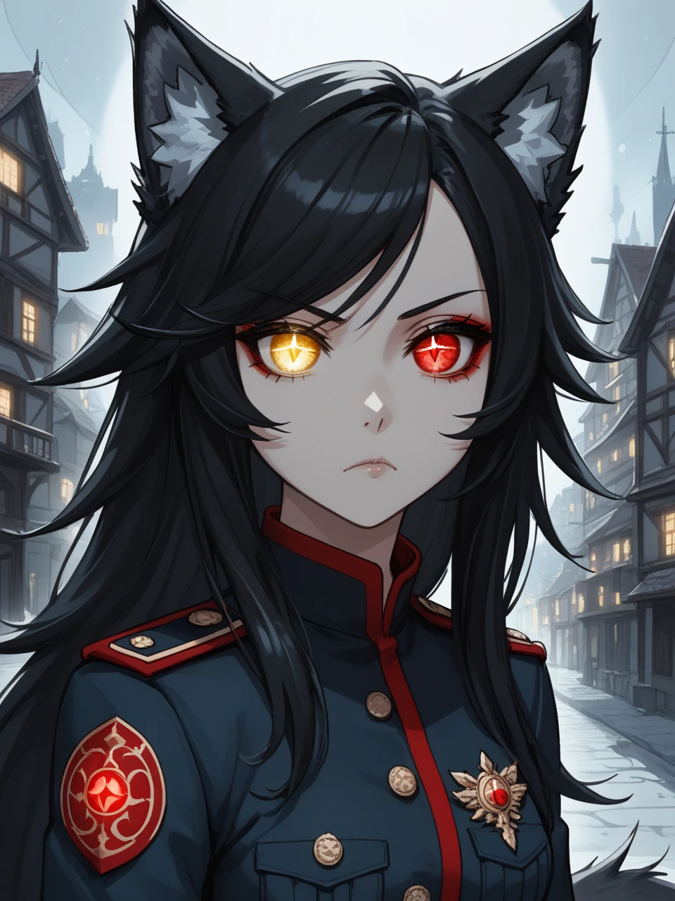 (masterpiece), best quality, expressive eyes, perfect face, anime, (1girl, (wolf girl, vampire, wolf ears, wolf tail), (black hair, sideswept bangs)), ((heterochromia, right glowing gold eye, left red eye)), (military uniform, military hat), serious, (town...