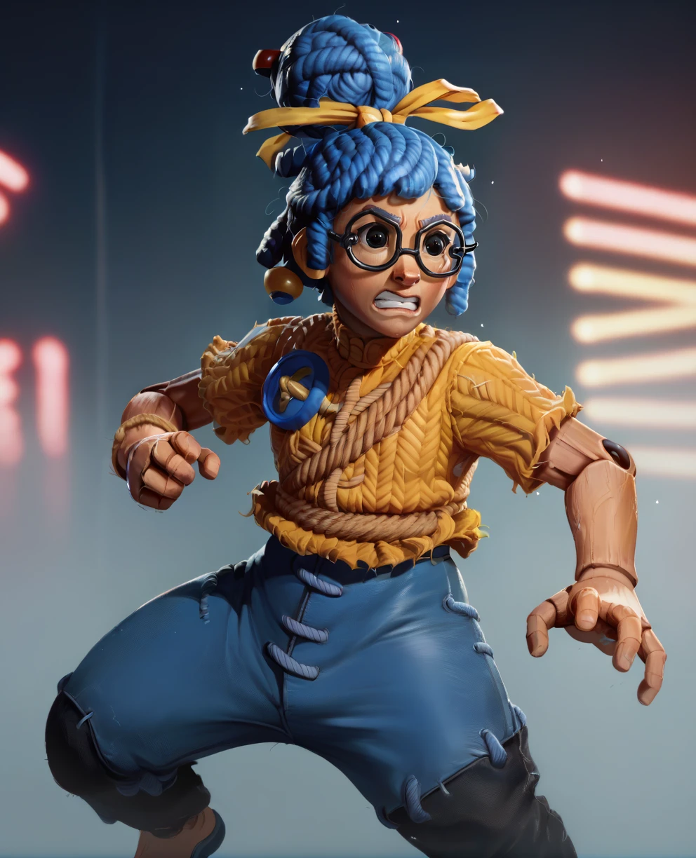 score_9,score_8_up,
mayxl,blue hair,dreadlocks,hair bun,black eyes,glasses,joints,
solo,fighting stance,clenched teeth,
yellow shirt,hair ribbon,short sleeves,pants,
neon lights,night,
<lora:Mayxl:0.9>,