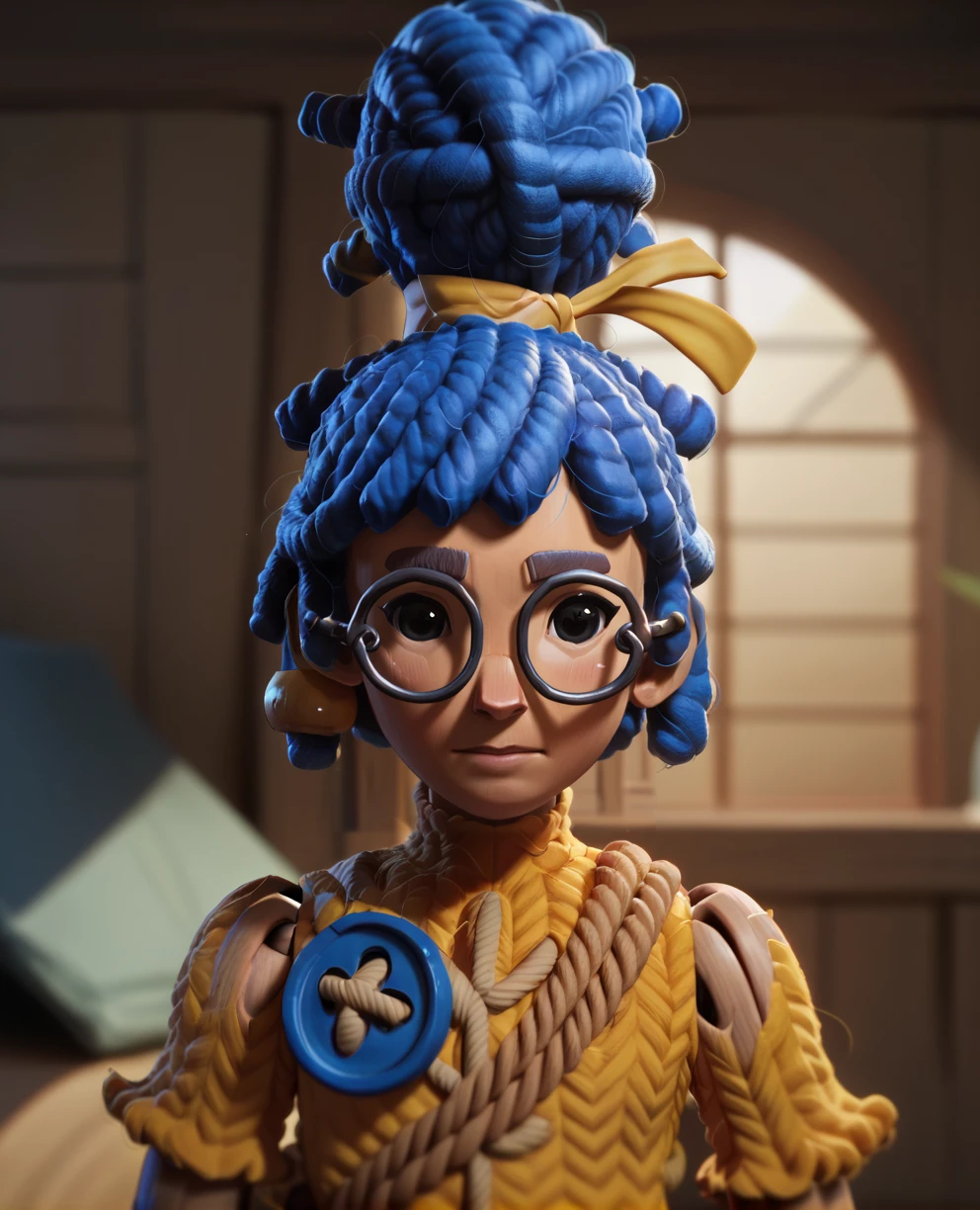 score_9,score_8_up,score_7_up,
mayxl,blue hair,dreadlocks,hair bun,black eyes,glasses,joints,
solo,upper body,close up, 
yellow shirt,hair ribbon,short sleeves,
looking at viewer,
large room,fun house,
<lora:Mayxl:0.9>,