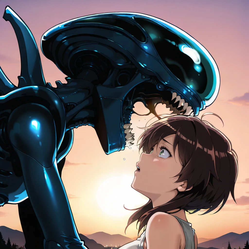 masterpiece, best quality, amazing quality, very aesthetic, absurdres, horror \(theme\), lockheart, looking at another, ot0m, duo, xenomorph BREAK de1, girl, scared, brown hair, (green eyes:0.5), from side, outdoors, <lora:OtaKingMondayAshlinNoobaXL32v1.7tx1-000013:0.9>, masterpiece, best quality, amazing quality, very aesthetic, absurdres, scenery