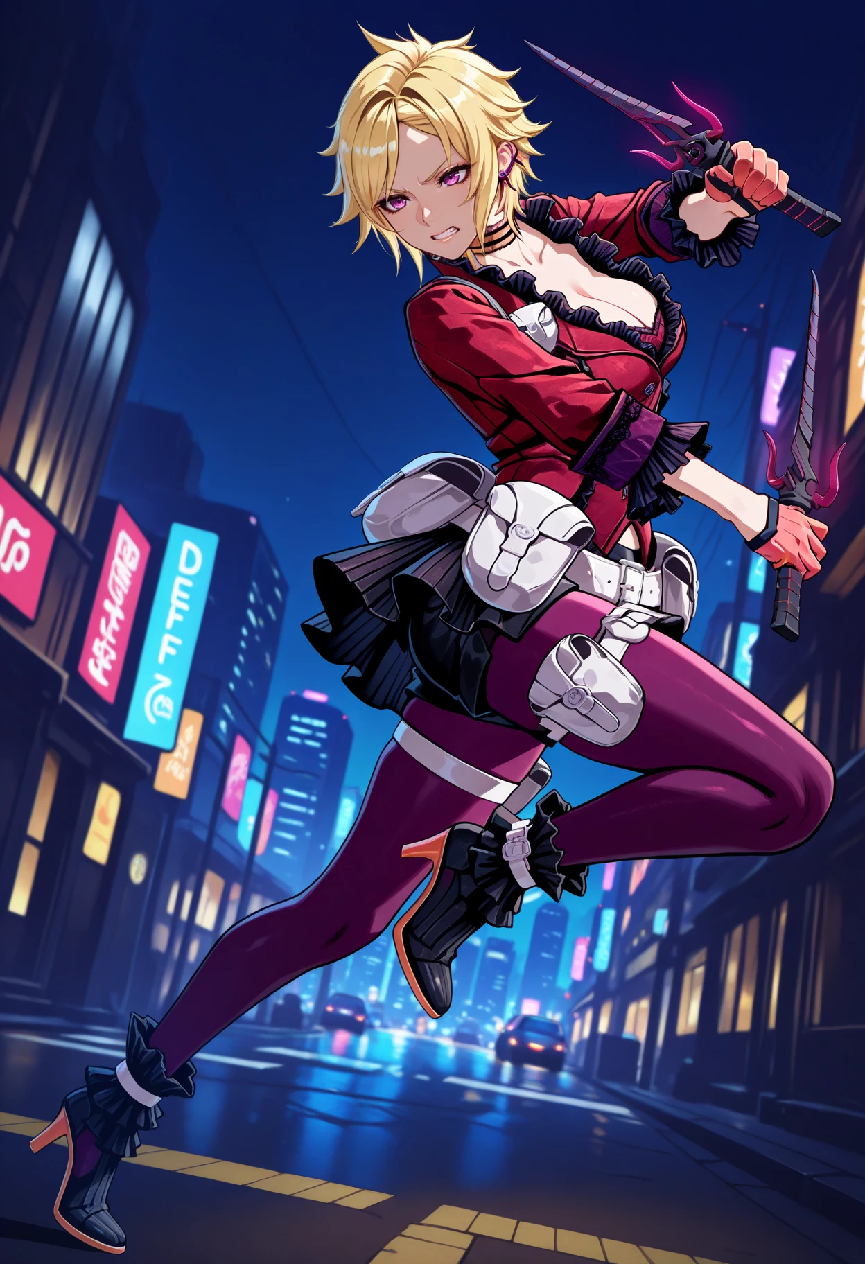 masterpiece, best quality, 1girl, full body, clenched teeth, holding dagger, dual wielding, dynamic pose, attack, <lora:MiladySH2-illu:1> defMilady, blonde hair, short hair, purple eyes, earrings, choker, red jacket, cleavage, frills, frilled sleeves, orange gloves, half gloves, white belt, belt pouch, black skirt, black shorts, purple pantyhose, thigh strap, thigh pouch, ankle boots, high heel boots, black footwear, city, night