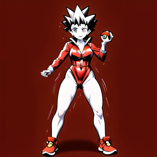 femred, yellow eyes, sneakers, spiked hair, badge, one eye closed, track jacket, 1girl, hand in pocket, lingerie, red shirt, trembling, full body, poke ball, red thighhighs, solo, red shorts, holding poke ball, belt, black leotard