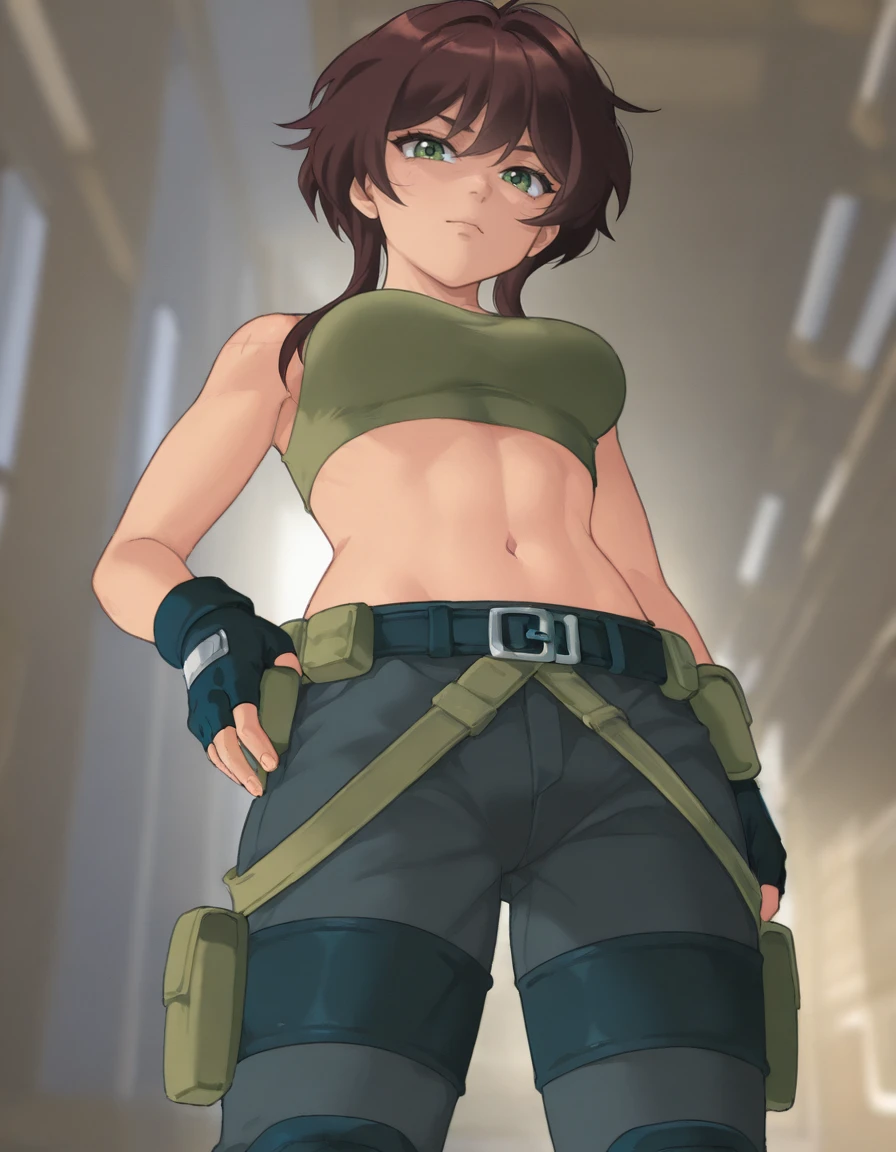 masterpiece, best quality, amazing quality, very aesthetic, absurdres, newest, misha_\(ohds101\), ot0m, as0, 1girl, belt, pouch, green crop top, fingerless gloves, grey pants, knee pads, (scar on shoulder:0.5), green eyes, brown sidelocks hair, solo, looking at viewer, cowboy shot, <lora:OtaKingMondayAshlinNoobaXL16v1.9tx1-000010:0.9>, masterpiece, best quality, amazing quality, very aesthetic, absurdres, newest, scenery