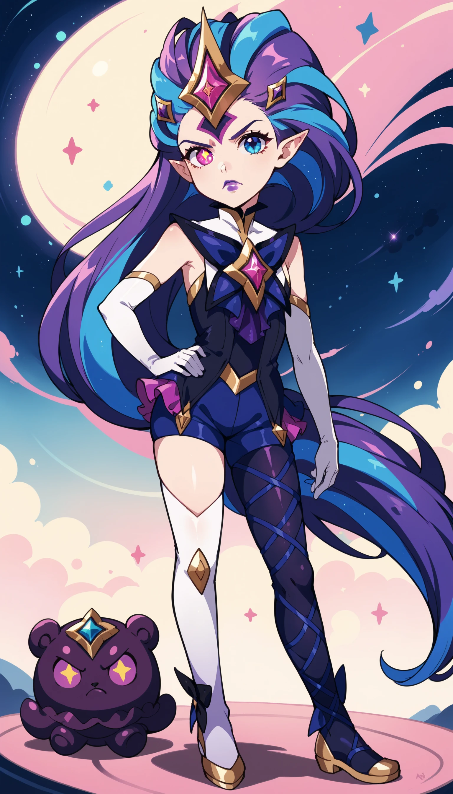 score_9, score_8_up, score_7_up, star guardian zoe, star guardian (league of legends), bow, small breasts, heterochromia, blue eye, pink eye, star-shaped pupils, (asymmetrical legwear, mismatched legwear, single leg pantyhose, single thighhigh), multicolored long hair, purple and blue hair, hair ornament, gem, bodysuit, frills, gradient elbow gloves, purple lips, flat shoes, looking at viewer, frown, pointy ears, arms on hip, magic, space
in space, night,