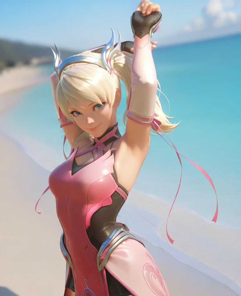 masterpiece, best quality, amazing quality, absurdres, highres, colorful, 3d, realistic,  ocean, seaside, water, sand, <lora:Pink_Mercy_Illustrious_Ult:0.8>, pkmercy, 1girl, breasts, blue eyes, short hair, blonde hair, fingerless gloves, elbow gloves, hair ribbon, bare shoulders, twintails, mechanical halo,  pink dress, pelvic curtain, looking at viewer, smile, arms up, stretching,