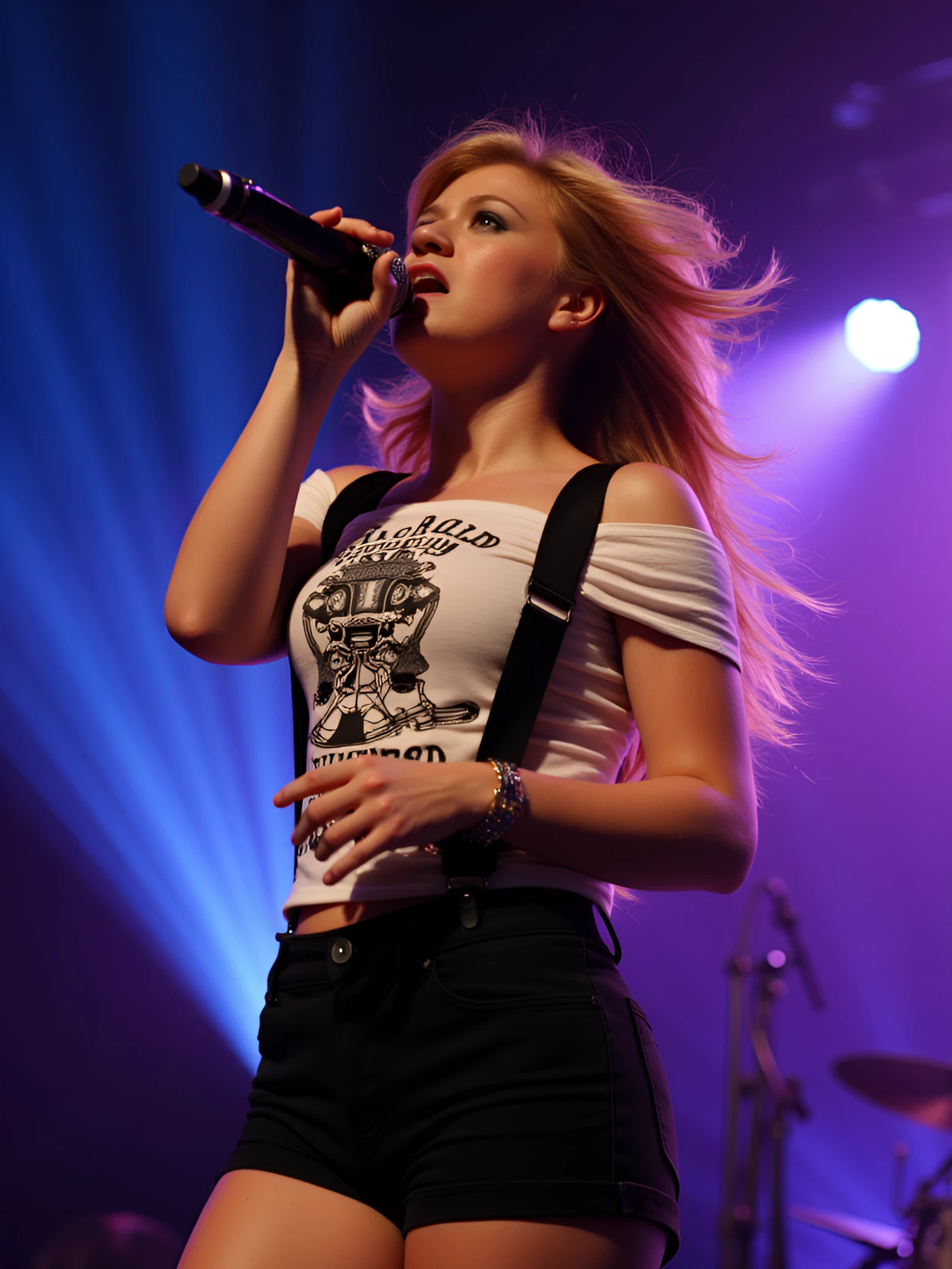 photorealistic portrait of a young woman wearing suspenders over a off the shoulder printed tee shirt and short black pants performing on stage at a concert