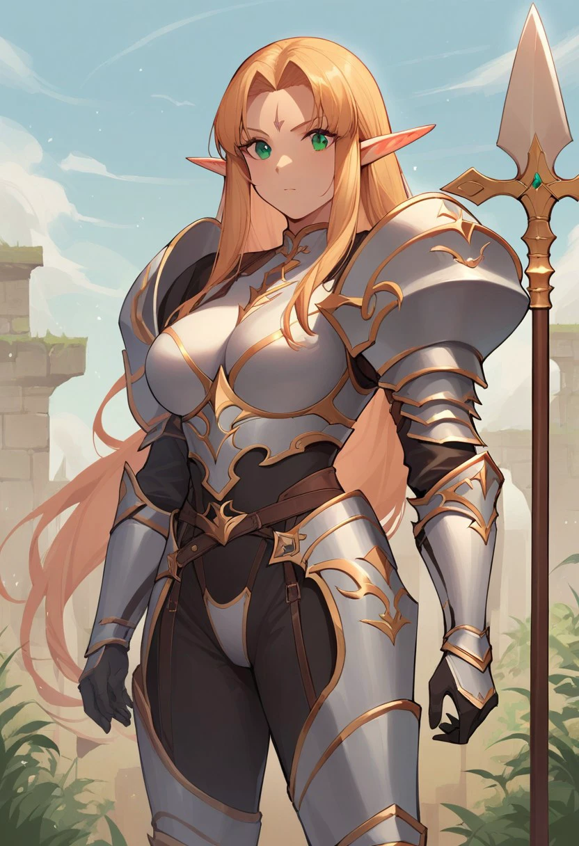 score_9,score_8_up,score_7_up, monica_(kichiku_eiyuu), 1girl, solo, long hair, pointy ears, facial mark, forehead mark, bangs, large breasts,  elf, monicch001, armor, shoulder armor, gloves, pauldrons, weapon, holding, polearm, spear,