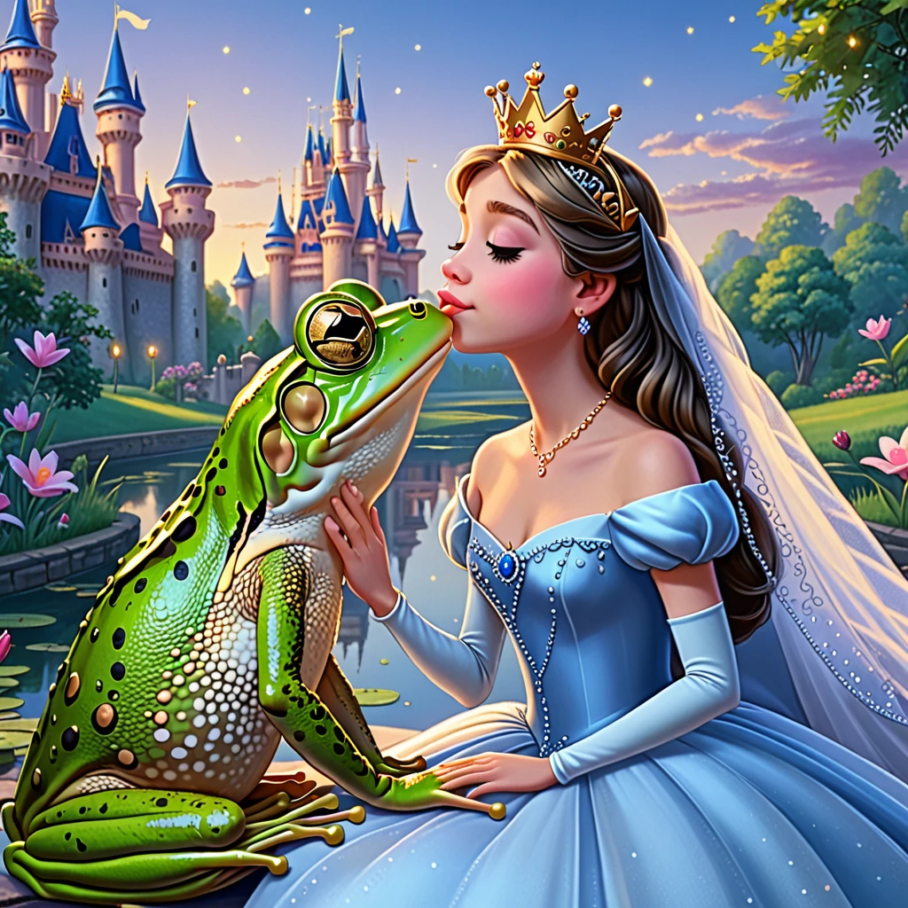 score_9_up,score_8_up,score_7_up,score_6_up, score_5_up, frog, imminent kiss, princess, princess dress, eyes closed, masterpiece, 4k, high quality, 2d