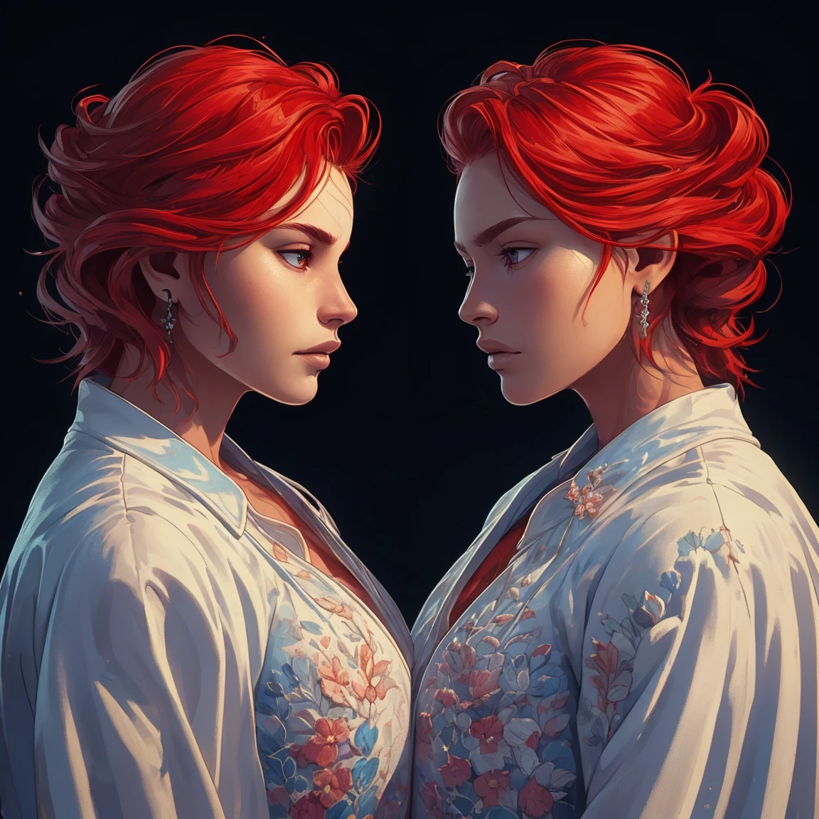 realistic, 8K, masterpiece, high details, high quality, (realistic:1.1), ultra quality, highly detailed, ultra HD, ultra quality, elegant, highly detailed, ultra realistic, photograph, Woman twins, side by side, blue and red,  <lora:GeminiSign:0.66>