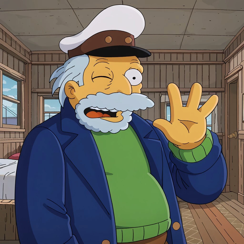 1boy, solo, male, bright colors, thick outlines, detail background, older man, cartoon style, yellow (skin tone), bushy (light blue) beard, large nose, mustache (light blue), wrinkles, prominent eye bags, animated style, light blue hair, medium length, swept back, a semi-closed eye, black pupils, big eyes, fat, thick arms, plump, overweight, four fingers, short ears, rating_safe, green sweater, blue long coat, double-breasted buttons, brown pants, black boots, white captain's hat with a brown strap, black visor, standing, looking at viewer, waving at viewe, apartment, inside, indoors