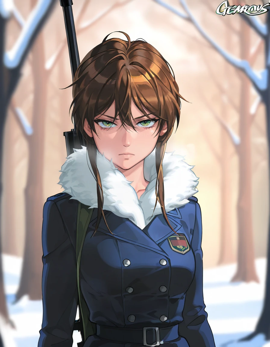 masterpiece, best quality, amazing quality, very aesthetic, absurdres, ot0m, as0, gearous, 1girl, military winter uniform, white fluffy neck pillow, gun on back, sniper rifle, serious, green eyes, brown sidelocks hair, looking at viewer, pathos scene, masterpiece, best quality, amazing quality, very aesthetic, absurdres, surreal night forest, winter, scenery, <lora:OtaKingMondayAshlinNoobaXL32v1.7tx1-000013:0.9>