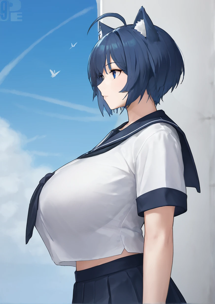 very huge tits,  white sailor uniform, , Naoha Kirigaya(sword art online), 1girl, bob hair, black hair, hairclip, ​masterpiece, green eyes, top-quality, A sexy、school、dynamic angle, view at camera, half body, open mouth,