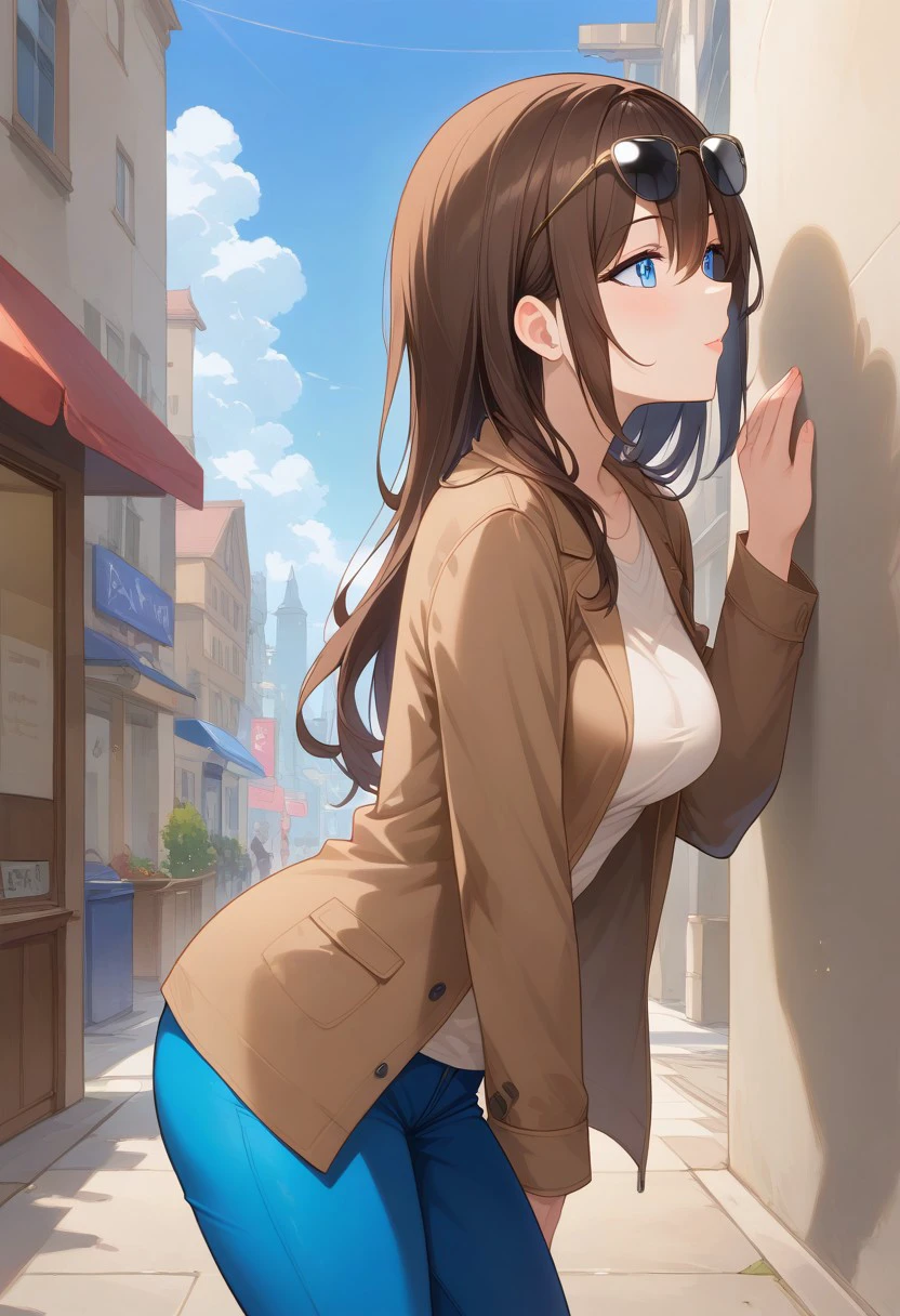 Masterpiece, High quality, OC, Female Adult woman, 1girl, solo, long dark brown hair with front section brushed to the right side, shoulder-length bangs, rest of hair hanging straight down, blue eyes, black sunglasses, medium breasts, skinny build, brown jacket, light brown shirt, steel blue pants, walking throw the streets, side view