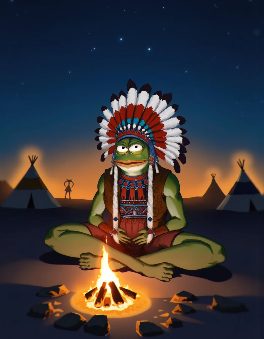 Digital illustration of Pepe the frog as a Native American chief wearing an elaborate feathered headdress with red, white, and turquoise feathers, traditional leather vest with beaded decorations. Sitting cross-legged near a blazing campfire that casts warm orange glow on his green skin. Background shows teepees, totem poles and desert landscape under starlit sky. Soft vignette blur effect around edges of image. p3p3ka