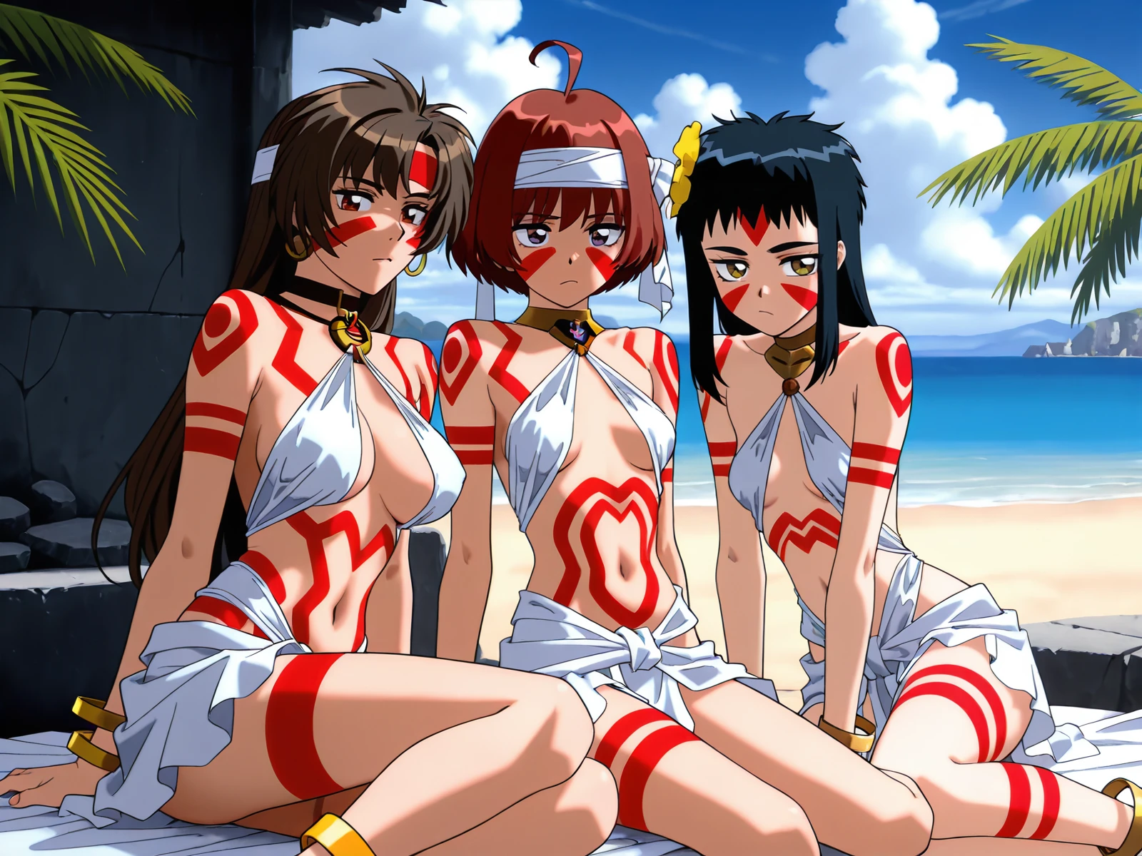 masterpiece, very aesthetic,
(3girls), the girl shimabara yuuhi with small breasts, the girl shimabara usio with flat chest, the girl 24yo shimabara minami, red tribal tattoo swirls spin pattern all over body,red body markings,bodypaint,full-body tattoo, body writing, red facepaint, red facial tattoo, swirl breasts tattoo, swirl belly tattoo, chest tattoo, arm tattoo, leg tattoo, thigh tattoo, shoulder tattoo, butt tattoo, tribal tattoo, tribal, white ribbon forehead (hachimaki) headband, white criss-cross halter neck, white loincloth, white sarong, golden anklet, golden armlet, golden bangle, golden bracelet, golden choker, cluttered and detailed background, beautiful detailed background, palm tree, cloud, cloudy sky, sea, summertime on tropical beach, stone ruins temple on island in the distance, midnight jungle, inside a private lounge,
<lora:shimabara_yuuhi_neo_ranga_IllustriousXL01_lora_20241002_epoch_18+12+12:0.8>