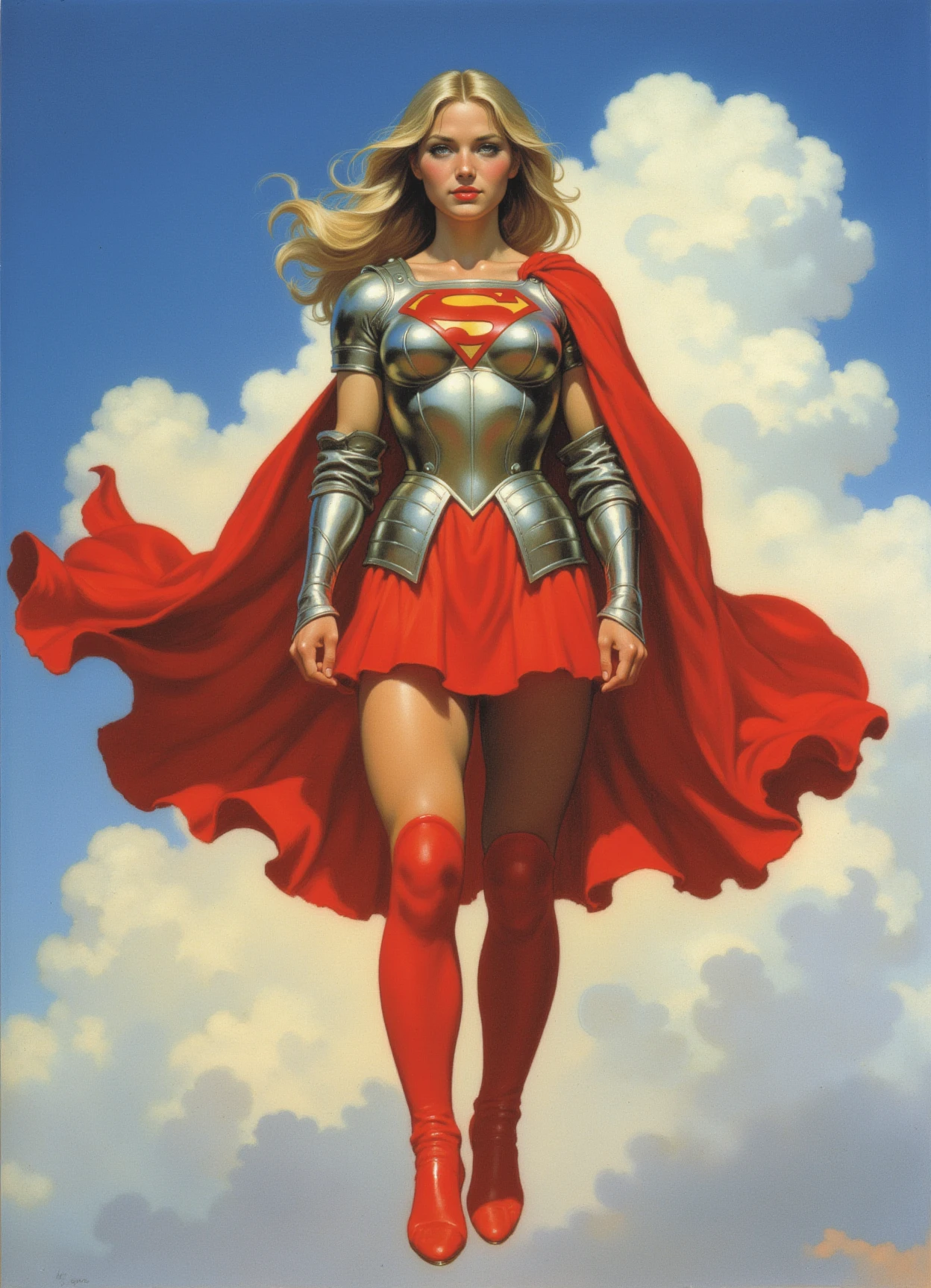 frank frazetta dark fantasy oil painting of a young woman dressed as supergirl, silver medieval breastplate with golden 'S' logo, short red pleated skirt, red cape, red thigh high armored boots, floating in the sky, sky and clouds background