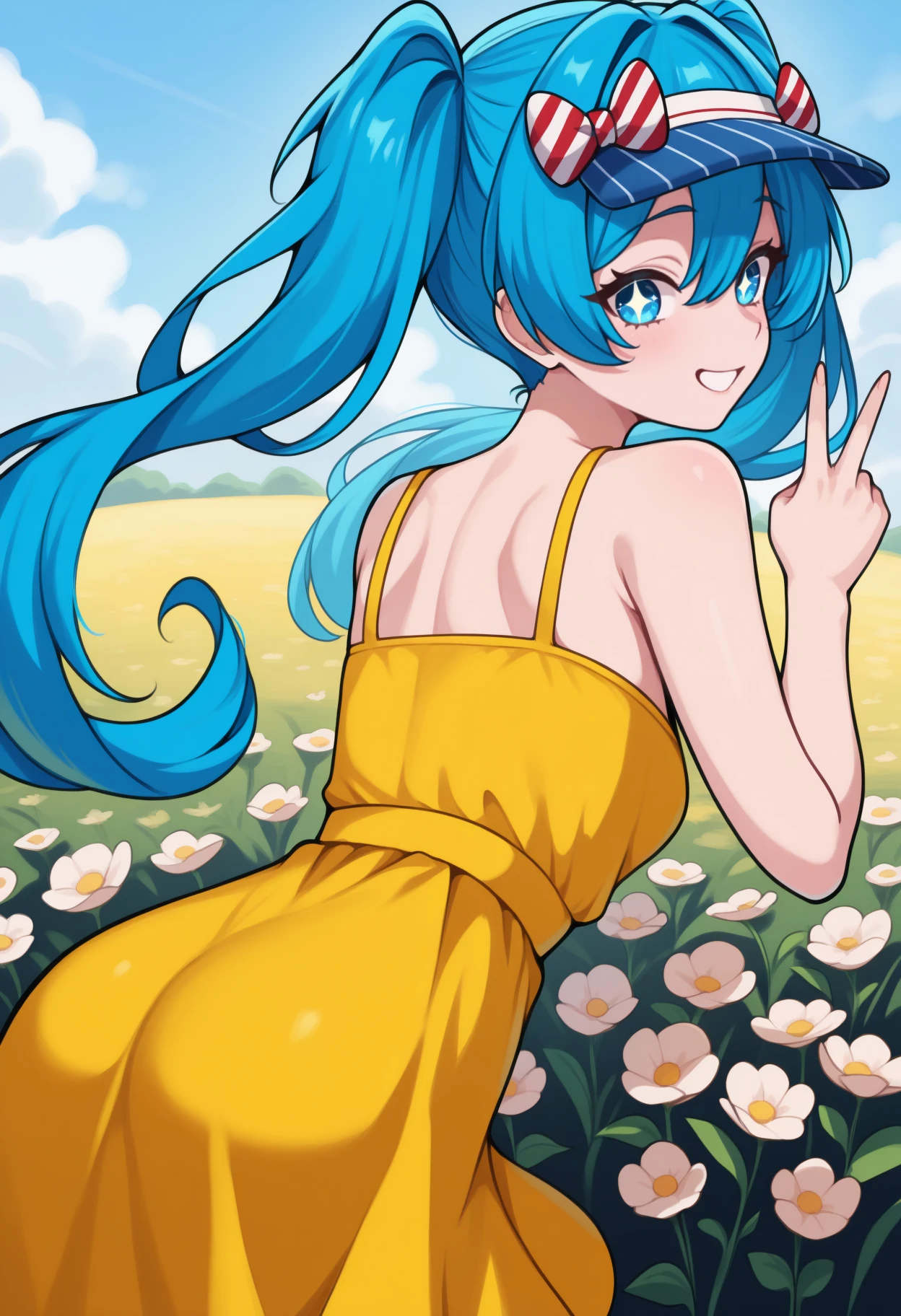 masterpiece, best quality, <break> from behind, solo, 1girl, mesmerizermiku, smile, looking back, v, long hair, blue hair, hair between eyes, twintails, hair bow, striped bow, blue headwear, visor cap, blue eyes, sparkling eyes, yellow sundress, bare shoulders, outdoors, blue sky, flower field
<segment:yolo-Anzhc Face seg 640 v2 y8n.pt,0.4,0.5//cid=1>