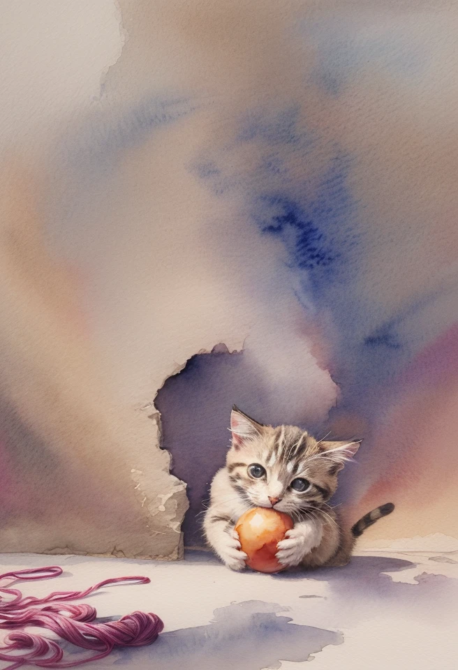 a cute little kitten playing with a ball of yarn, absurdres, highest quality, masterpiece, RAW photograph, <lora:depth_of_field_slider_v1:8> <lora:add_detail:0.9> (extremely detailed-background), <lora:BS_WatercolorStyle V1:0.7> watercolor_style,