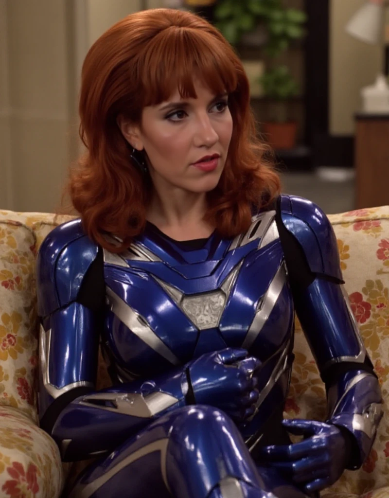 <lora:Pepper Pott Rescue Armor:0.9>Peggy Bundy, a redhead woman wears a  blue and gold pepper potts rescue armor. She sits on a couch in a livingroom <lora:Peggy Bundy:0.9>