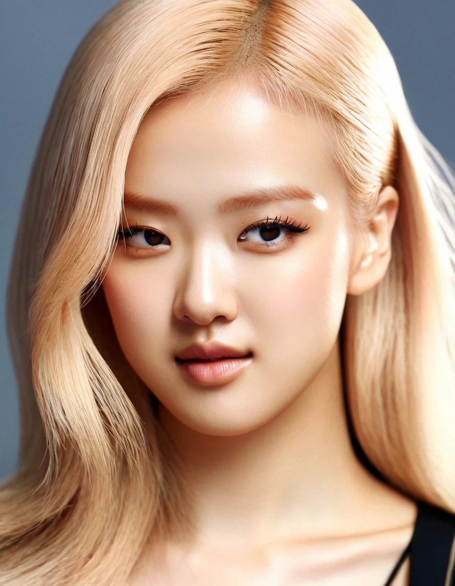 ros3blackpink, cinematic still Create a high-resolution, hyper-realistic close-up portrait of a woman. She is giving a slight smirk. Her makeup is glamorous yet refined. Her blonde hair is styled casually. The background is rich and textured or with a subtle abstract design, to amplify the boldness of the image. The lighting is even, giving an overall editorial feel