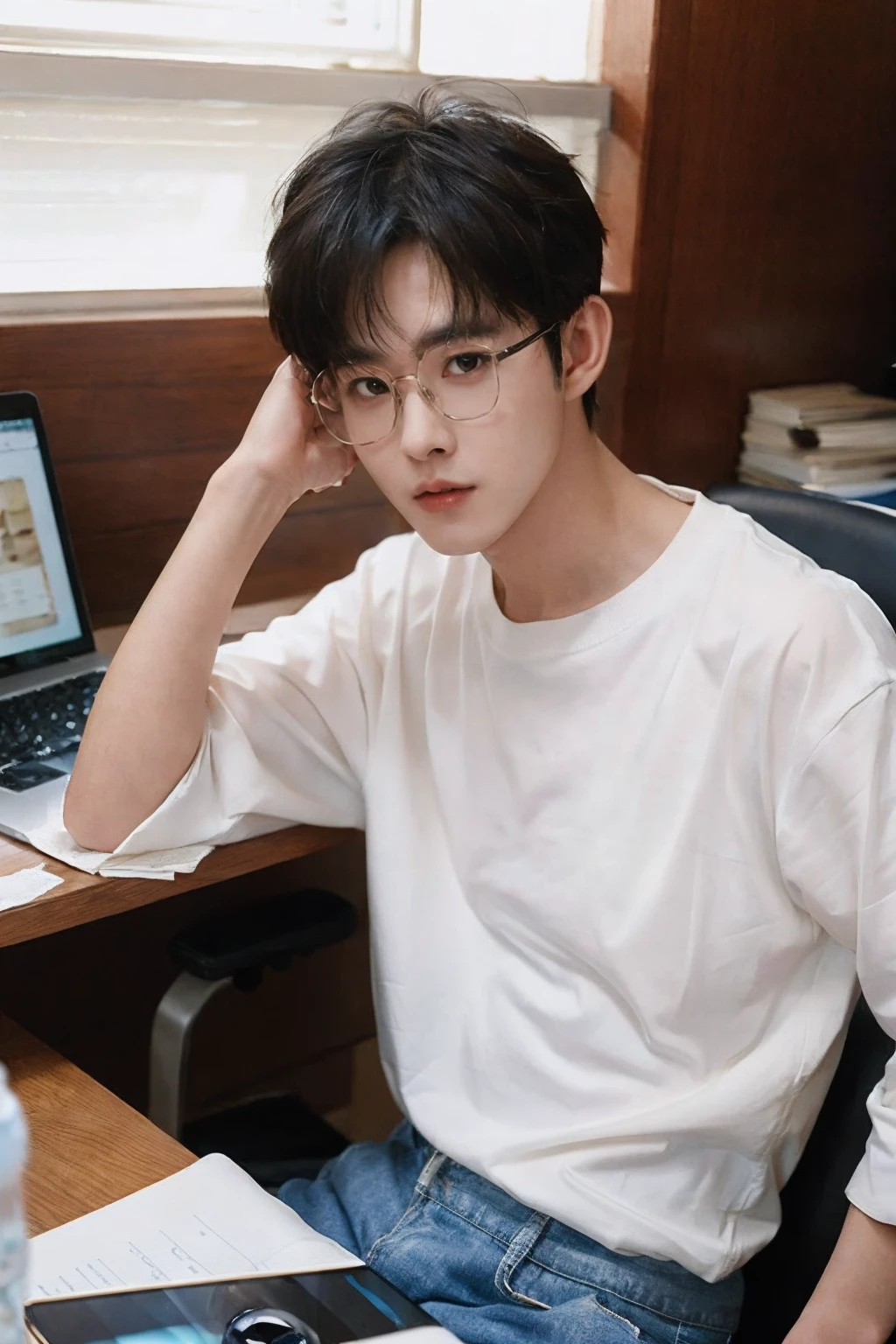 1boy, male focus, short hair, white shirt, texture, light and shadow, warmth, photography, light feeling, fresh, watch, wristwatch, glasses, laptop, computer, black hair, solo, shirt, bottle, water bottle, bookshelf, book, indoors, chair, holding, table, sitting, blurry, drawing tablet, headphones, pen, bust,
 <lora:AsianMan011-000009:0.8>