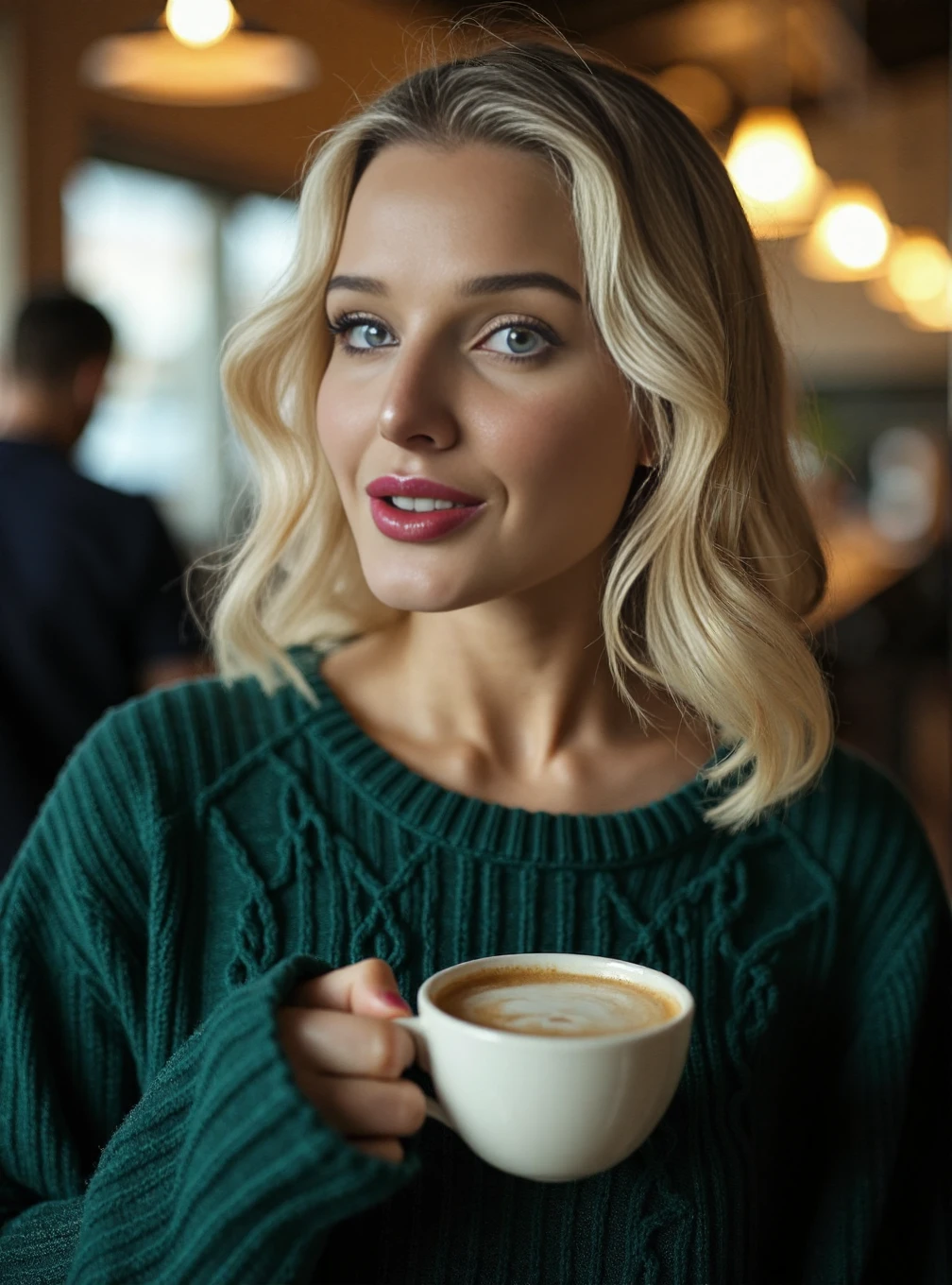 A professional photograph of a young woman Helen_Flanagan wearing a dark green cableknit sweater in a cafe, holding a latte, blonde hair, detailed skin, bokeh, female focus, SFW <lora:Helen_Flanagan:1>