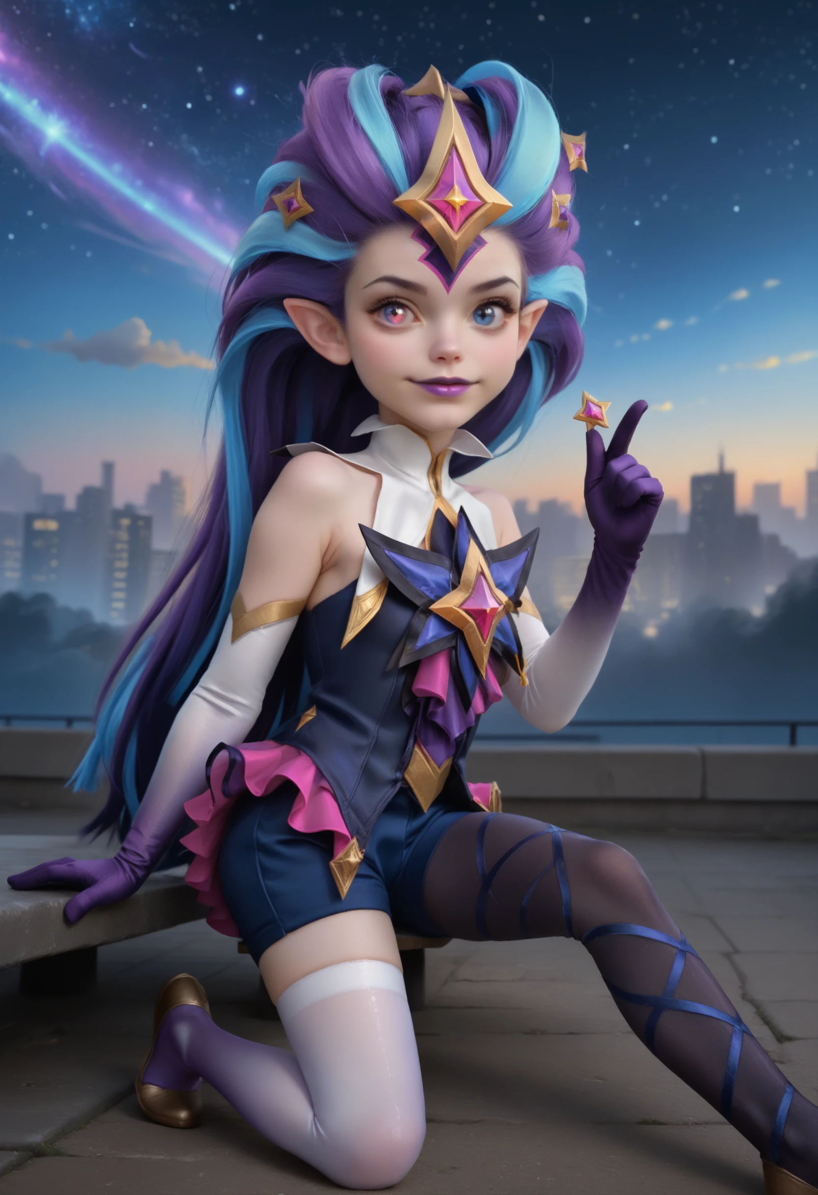 score_9, score_8_up, score_7_up, 1girl, star guardian (league of legends), bow, small breasts, heterochromia, blue eye, pink eye, star-shaped pupils, (asymmetrical legwear, mismatched legwear, single leg pantyhose, single thighhigh), multicolored long hair, purple and blue hair, hair ornament, gem, bodysuit, frills, blue shorts, gradient elbow gloves, purple lips, flat shoes, looking at viewer, bare shoulders, full body, pointy ears, star (symbol), starry sky, night,