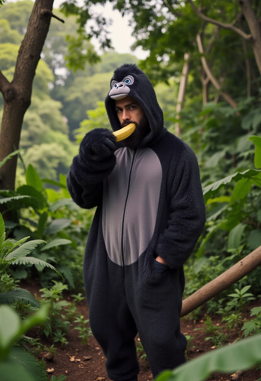 <lora:Fuzzy_Onesie_Fitter_FLUX-000021:0.8> 
Photograph featuring a bearded man wearing a plush onesie with a hood designed to resemble a gorilla, standing in a jungle. The man is eating a banana while looking very intense.