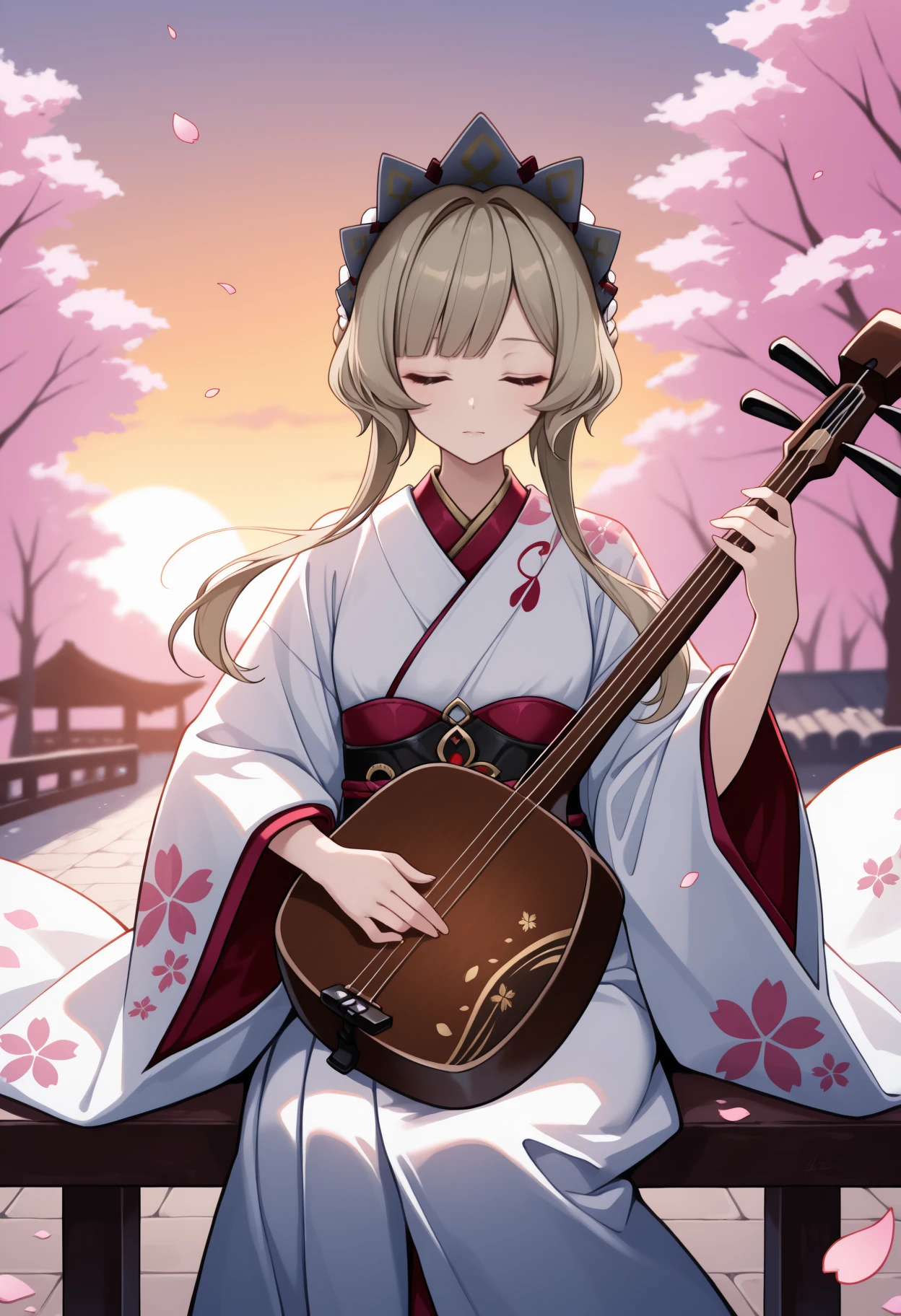 masterpiece, best quality, <break> solo, 1girl, sandrone, playing instrument, koto \(instrument\), blonde hair, short hair with long locks, headdress, closed eyes, japanese clothes, white kimono, floral print, wide sleeves, outdoors, wind, falling petals, sunset, cherry blossoms, shamisen
<segment:yolo-Anzhc Face seg 640 v2 y8n.pt,0.4,0.5//cid=1>