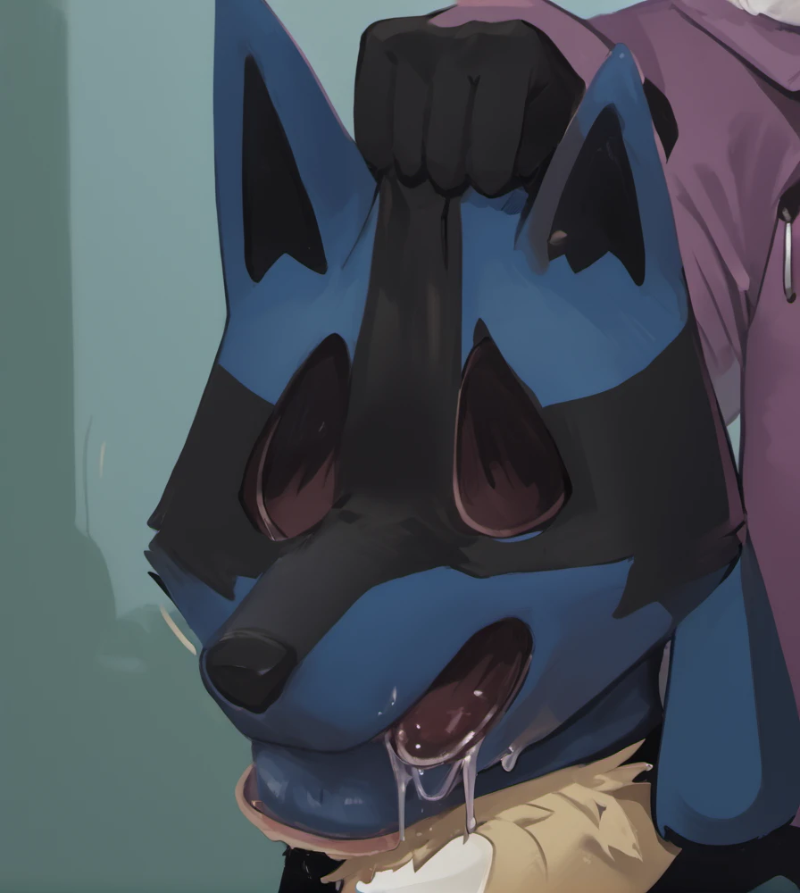 score_9, score_8_up, score_7_up, high res:1.5, digital media (artwork), 2d, motion lines, lucario, <lora:Suiting_and_Masking:1> mask, holding mask, saliva on mask