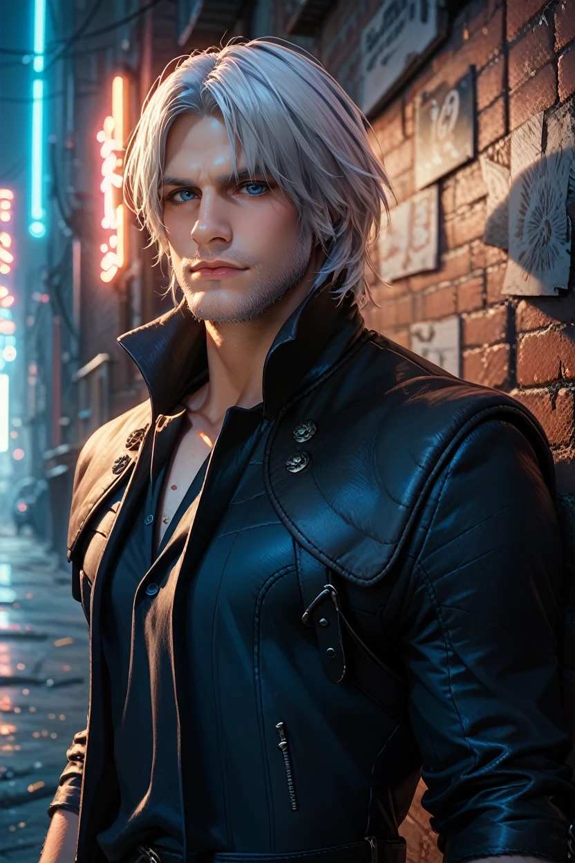 score_9, score_8_up, score_7_up, score_6_up
<lora:DMC5Dante:0.9>
DMC5Dante, 1boy, white hair, facial hair, blue eyes, looking at viewer, In a dimly lit urban alley, tailored black suit, ambient neon lights casting shadows, leaning confidently against a brick wall, cowboy shot