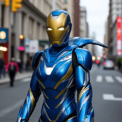 <lora:Pepper Pott Rescue Armor:0.9> a robot blue and gold pepper potts rescue armor stands in the street