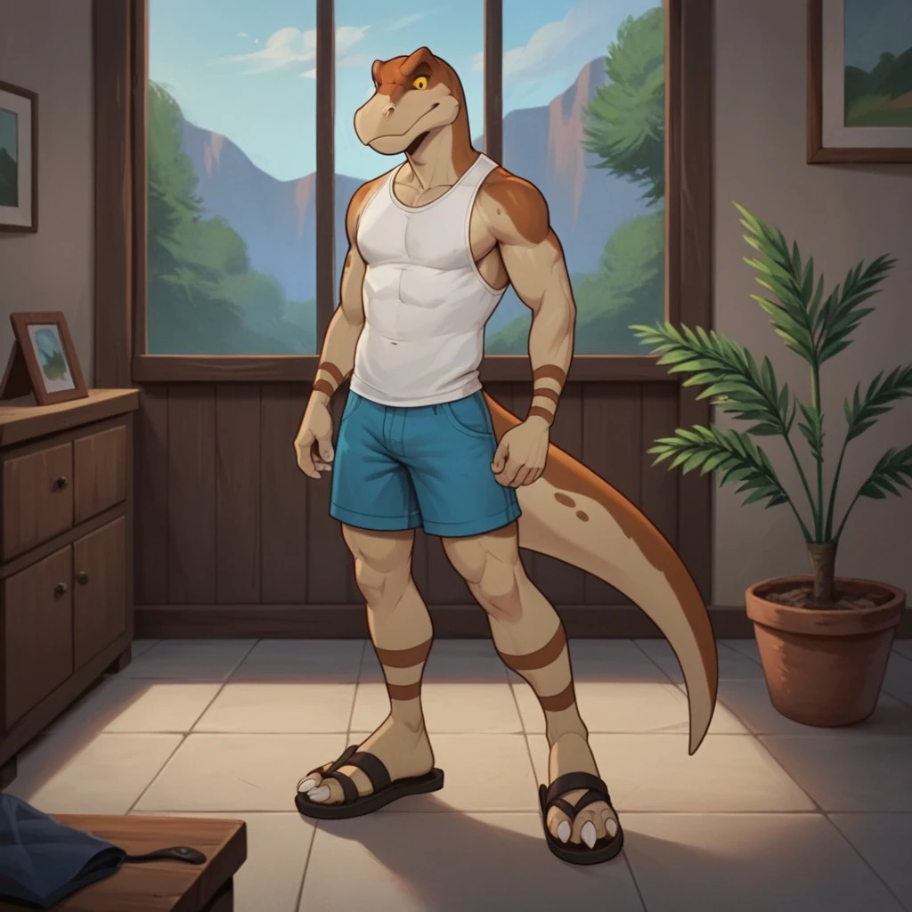 score_9, score_8_up, score_7_up, score_6_up, score_5_up, score_4_up, source_furry, Strutlbt, anthro, male, Struthiomimus, dinosaur, tan skin, yellow eyes,  inside, shorts, shirt, sandals,  male, solo, full body, , <lora:0a8497f3-c834-4b39-8cdb-fa5f8c21265a:0.7>