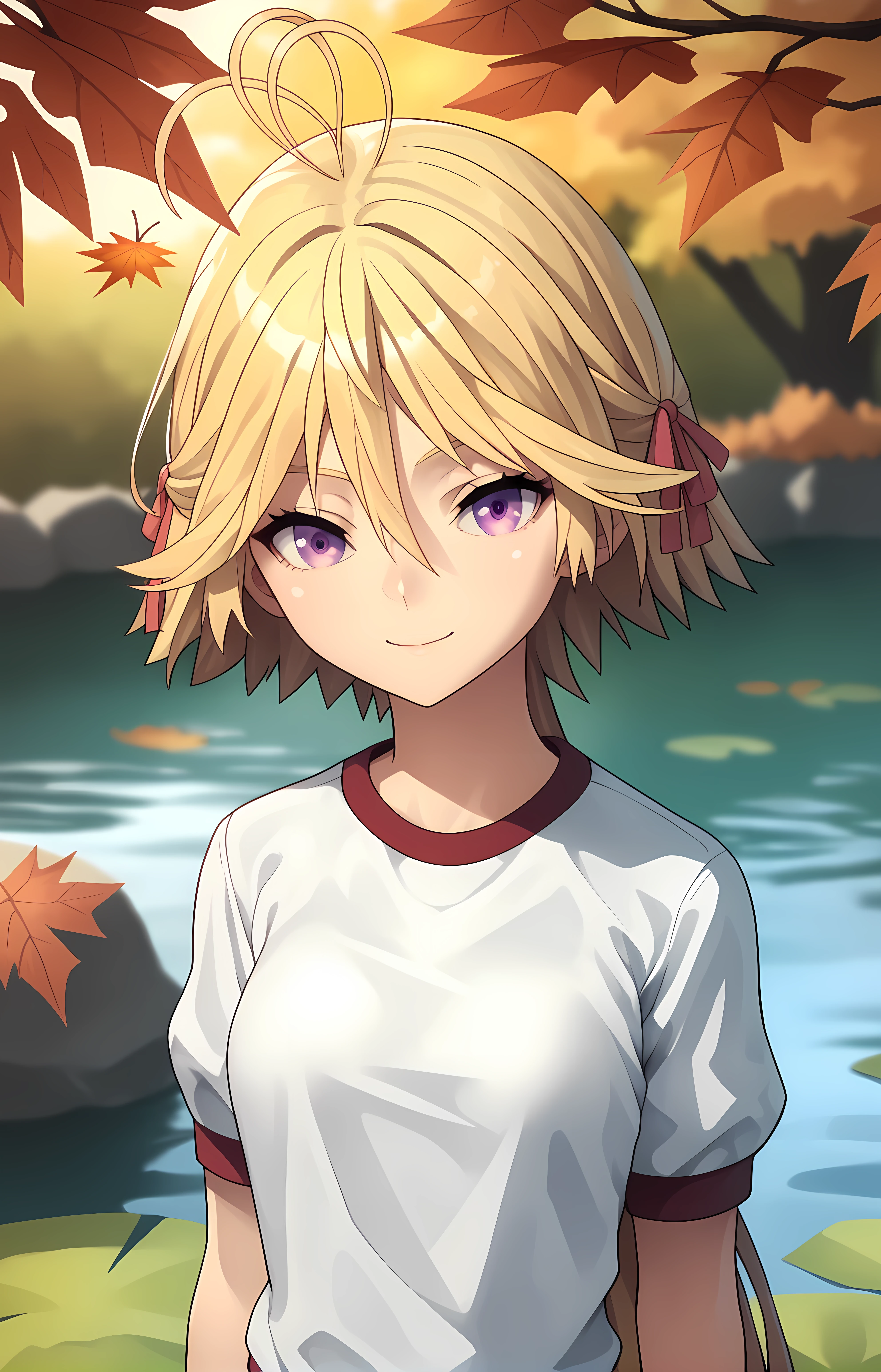 score_9, score_8_up, score_7_up, score_6_up, score_5_up, score_4_up, source_anime,looking at viewer, shiny skin, upper body, light smile, petite,ohwx, blonde_hair, purple_eyes, long_hair, short_hair, antenna_hair, ahoge, hair_between_eyes, very_long_hair, ponytail, breasts, hair_ribbon,shorts, gym_uniform, shirt, red_shorts, white_shirt, Japanese river flowing through a forest, autumn leaves reflecting on water, calm and natural setting,<lora:mira_yamana_pony_sobsynapse-000003:0.9>