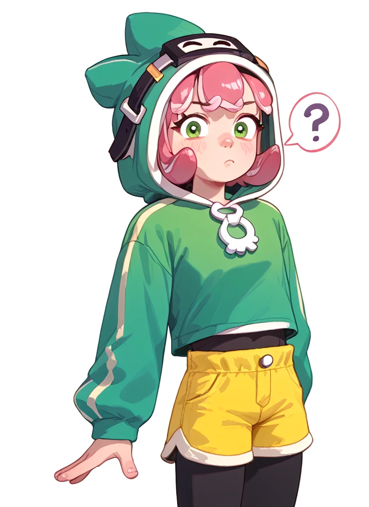 Score_9, Score_8_up, Score_7_up , perfect face ,<lora:tcbonnie:1>  tcbonnie    , 1girl, pink hair, hood , green hoodie, yellow shorts ,black leggings  , confused, looking at viewer,   <lora:PossumMachine:0.9>posmach