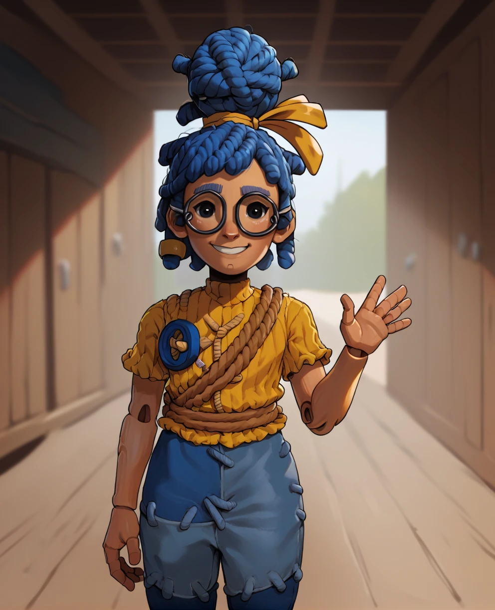 score_9,score_8_up,score_7_up,
mayxl,blue hair,dreadlocks,hair bun,black eyes,glasses,joints,
solo,waving,light smile,
yellow shirt,hair ribbon,short sleeves,pants,
garage,
<lora:Mayxl:0.9>,